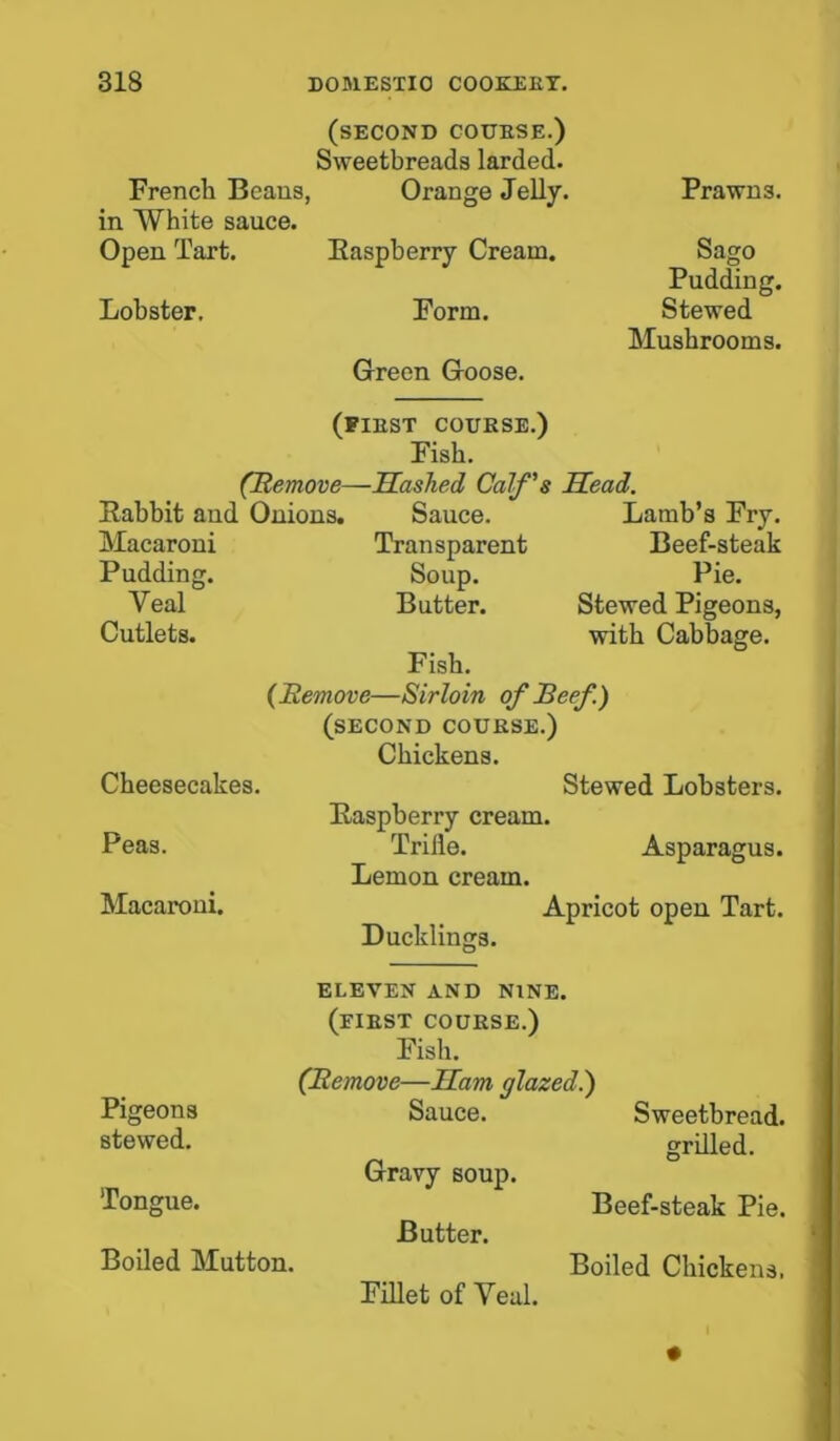 (SECOND COURSE.) Sweetbreads larded. French Beans, Orange Jelly, in White sauce. Open Tart. Baspberry Cream. Lobster. Form. Green Goose. Prawn 3. Sago Pudding. Stewed Mushrooms. (first course.) Fish. (Remove—Sashed Calf's Babbit and Onions. Sauce. Macaroni Transparent Pudding. Soup. Veal Butter. Cutlets. Sead. Lamb’s Fry. Beef-steak Pie. Stewed Pigeons, with Cabbage. Fish. (Remove—Sirloin of Reef .) (second course.) Chickens. Cheesecakes. Stewed Lobsters. Peas. Macaroni. Baspberry cream. Trifle. Lemon cream. Asparagus. Apricot open Tart. Ducklings. Pigeons stewed. Tongue. ELEVEN AND NINE. (FIRST COURSE.) Fish. (Remove—Sam glazed.) Sauce. Sweetbread. grilled. Gravy soup. Beef-steak Pie. Butter. Fillet of Veal.