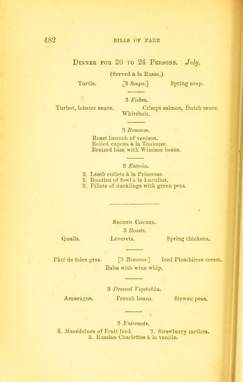 Dinner for 20 to 24 Persons. July. (Served & la Russe.) Turtle. l2 Soups.~\ Spring soup. 3 Fishes. Turbot, lobster sauce. Crimpt salmon, Dutch sauce. Whitebait. 3 Removes. Roast haunch of venison. Boiled capons a la Toulouse. Braized ham with Windsor beans. 3 Entrees. 2. Lamb cutlets a la Princesse. 2. Boudins of fowl a la Lucullus. 2. Fillets of ducklings with green peas, Second Cocrse. 3 Roasts. Quails. Leverets. Spring chickens. Pate de foies gras. [3 Removes.'] Iced Plombicres cream, Baba with w'ine whip. 3 Dressed Vegetables. Asparagus. French beans. Stewed peas. 3 Entremets. 2. Macedoines of Fruit Iced. 2. Strawberry tartlets. 2. Russian Charlottes a la vanille.