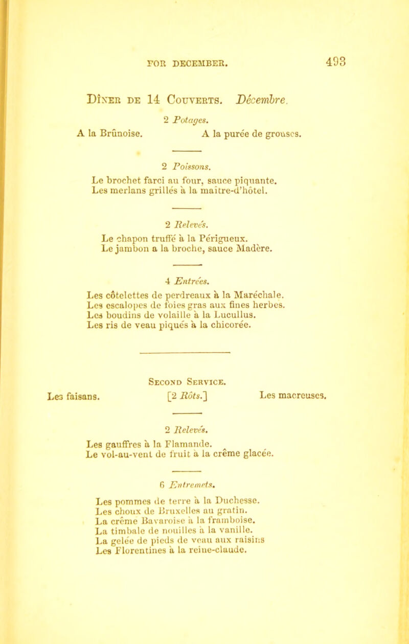 Dixer de 14 Couyerts. Decembre. 2 Potages. A la Brunoise. A la puree de grouses. 2 Poissons. Le brochet farci au four, sauce piquante. Les merlans grilles a la maitre-d’hotel. 2 Pel eve's. Le chapon truffe a la Perigueux. Le jarnbon a la broche, sauce Madere. 4 Entrees. Les cotclettes de perdreaux a la Marechale. Les escalopes de foies gras aux fines herbes. Les boudins de volaille a la Lucullus. Les ris de veau piques a la chicoree. Second Service. Le3 faisans. [2 .Rots.] Les macreuses. 2 lleleve's. Les gauffres a la Flamande. Le vol-au-vent de fruit a la creme glacee. 6 Entremets. Les pommes de terre a la Duchesse. Les choux de Bruxelles au gratin. La creme Bavaroise a la framboise. La timbale de nouilles a la vanille. La gele'e de pieds de veau aux raisins Les .Florentines a la reiue-claude.