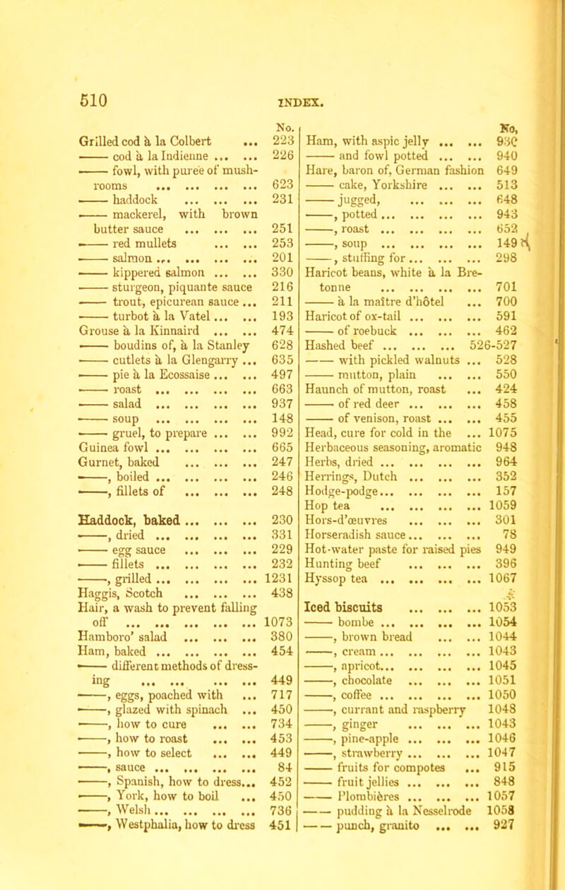 Grilled cod h la Colbert ... No. 223 cod a la Indienne 226 • fowl, with puree of mush- rooms 623 haddock 231 ■ mackerel, with brown butter sauce 251 red mullets 253 ■ salmon ., 201 kippered salmon 330 sturgeon, piquante sauce 216 trout, epicurean sauce ... 211 turbot a la Vatel 193 Grouse a la Kinnaird 474 • boudins of, a la Stanley 628 cutlets a la Glengarry ... 635 ■ pie a la Ecossaise 497 663 ■ salad 937 soup 148 ■ gruel, to prepare 992 Guinea fowl 665 Gurnet, baked 247 , boiled 246 , fillets of 248 Haddock, baked 230 , dried 331 egg sauce 229 • fillets 232 ■ , grilled 1231 Haggis, Scotch 438 Hair, a wash to prevent falling oil' 1073 Hamboro’ salad 380 Ham, baked 454 • different methods of dress- ing 449 > eggs, poached with 717 • , glazed with spinach ... 450 • , how to cure 734 • , how to roast 453 , how to select ... ... 449 i sauce ••• ••• ••• 84 ■ , Spanish, how to dress... 452 , York, how to boil 450 , Welsh 736 ——, Westphalia, how to dress 451 Ham, with aspic jelly Ko, 93C and fowl potted 940 Hare, baron of, German fashion 649 cake, Yorkshire 513 jugged, 648 ■ , potted 943 , roast 652 ,soup 149 , stuffing for 298 Haricot beans, white a la Bre- ton ne 701 a la maltre d’hotel 700 Haricot of ox-tail 591 of roebuck 462 Hashed beef 526-527 with pickled walnuts ... 528 mutton, plain 550 Haunch of mutton, roast 424 of red deer 458 of venison, roast Head, cure for cold in the ... 455 1075 Herbaceous seasoning, aromatic 948 Herbs, dried 964 Herrings, Dutch 352 Hodge-podge 157 Hop tea 1059 Hors-d’oeuvres 301 Horseradish sauce 78 Hot-water paste for raised pies 949 Hunting beef 396 Hyssop tea 1067 Iced biscuits 1053 bombe 1054 , brown bread 1044 , cream 1043 , apricot 1045 , chocolate 1051 , coffee 1050 , currant and raspberry 1048 , ginger 1043 ■, pine-apple 1046 , strawberry 1047 fruits for compotes ... 915 fruit jellies 848 Plombiferes 1057 pudding a la Nesselrode 1058 punch, granito 927