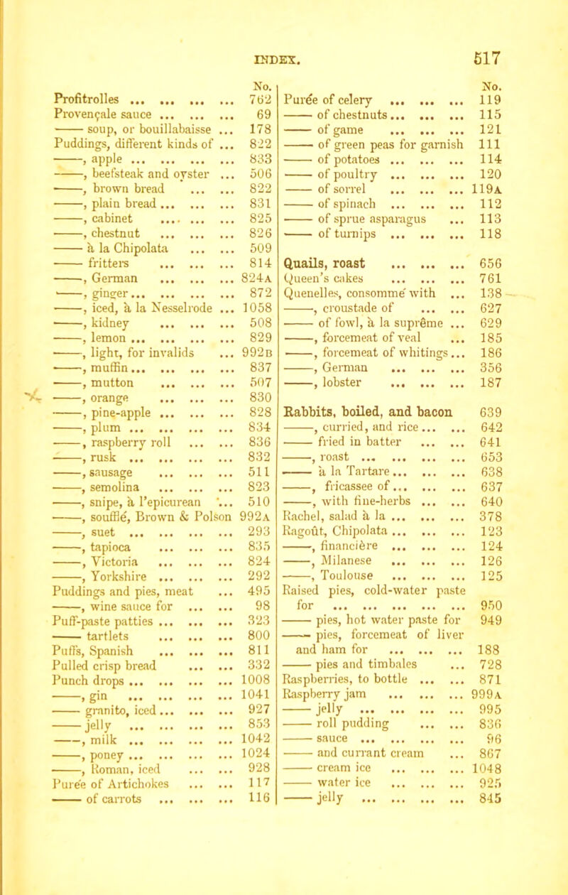 Profitrolles Provemjale sauce soup, or bouillabaisse ... Puddings, different kinds of ... , apple , beefsteak and oyster ... ■ , brown bread , plain bread , cabinet , chestnut a la Chipolata fritters , German • , ginger ■ , iced, a la Nesselrode ... , kidney , lemon • , light, for invalids • , muffin ... • , mutton - , orange , pine-apple , plum , raspberry roll , rusk ,sausage , semolina , snipe, a l’epicurean '... • , souffle, Brown & Poison , suet , tapioca , Victoria , Yorkshire Puddings and pies, meat , wine sauce for Puff-paste patties ... tartlets Puffs, Spanish Pulled crisp bread Punch drops » gin granito, iced jelly , milk , poney , Roman, iced Puree of Artichokes of carrots Puree of celery No. 119 of chestnuts 115 of game 121 of green peas for garnish 111 of potatoes 114 of poultry 120 of sorrel 119a of spinach 112 of sprue asparagus 113 of turnips 118 Quails, roast 656 Queen’s cakes 761 Quenelles, consomme'with ... 138 , croustade of 627 of fowl, a la supreme ... 629 , forcemeat of veal 185 • , forcemeat of whitings... 186 , German 356 , lobster 187 Rabbits, boiled, and bacon 639 , curried, and rice 642 fried in batter 641 , roast 653 a la Tartare 638 , fricassee of 637 , with fine-herbs 640 Rachel, salad a la 378 Ragout, Chipolata 123 , financi&re 124 , Milanese 126 , Toulouse 125 Raised pies, cold-water paste for 950 pies, hot water paste for 949 pies, forcemeat of liver and ham for 188 pies and timbales 728 Raspberries, to bottle 871 Raspberry jam 999a — >i'y 995 roll pudding 836 sauce 96 and currant cream 867 cream ice 1048 water ice 925 — jelly 845 No. 762 69 178 822 833 506 822 831 825 826 509 814 824a 872 1058 508 829 992b 837 507 830 828 834 836 832 511 823 510 992a 293 835 824 292 495 98 323 800 811 332 1008 1041 927 853 1042 1024 928 117 116