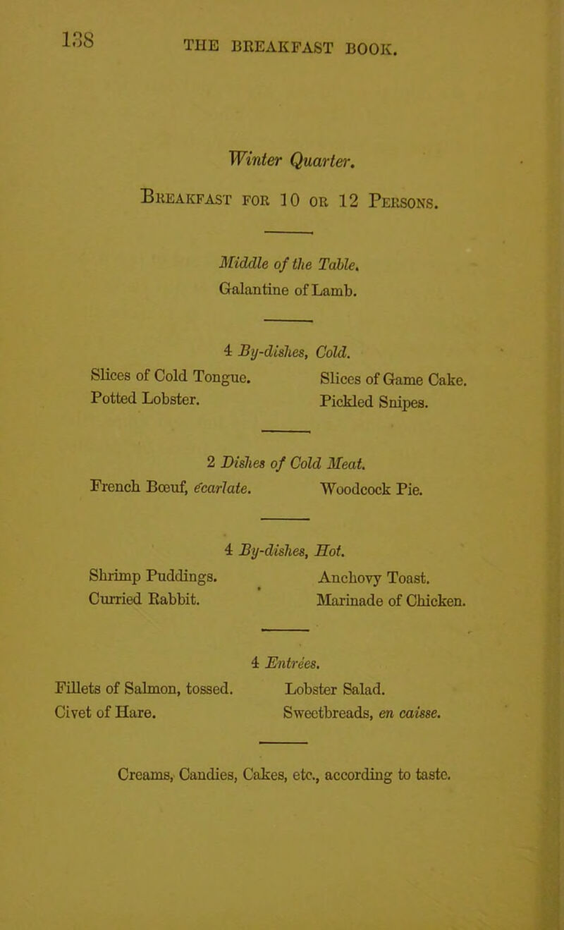 Winter Quarter. Breakfast for 10 or 12 Persons. Middle of the Table. Galantine of Lamb. 4 By-dishes, Cold. Slices of Cold Tongue. Slices of Game Cake. Potted Lobster. Pickled Snipes. 2 Dishes of Cold Meat. French Bceuf, e'carlate. Woodcock Pie. 4 By-dishes, Hot. Shrimp Puddings. Anchovy Toast. Curried Rabbit. Marinade of Chicken. 4 Entrees. Fillets of Salmon, tossed. Lobster Salad. Civet of Hare. Sweetbreads, en came. Creams, Candies, Cakes, etc., according to taste.
