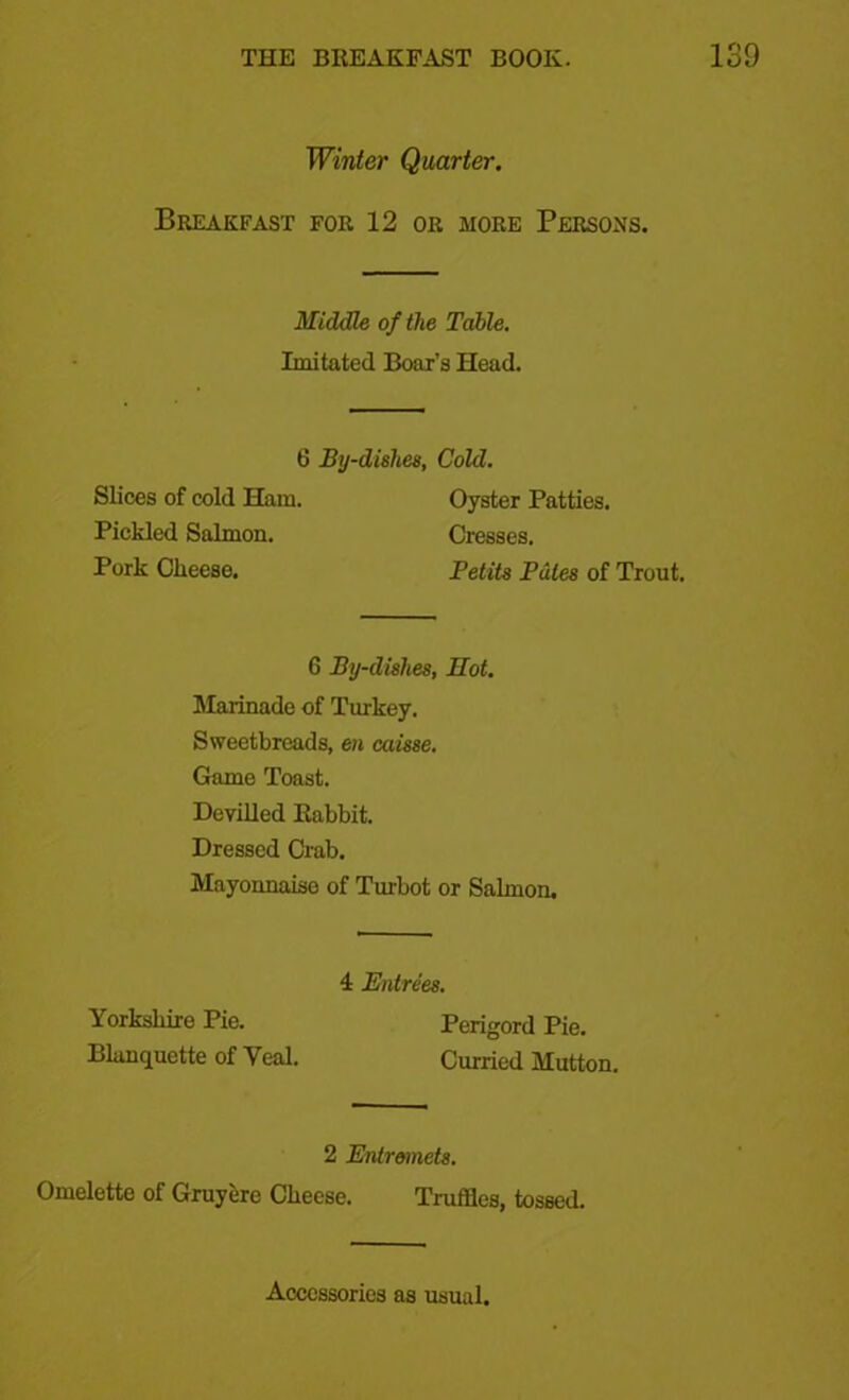 Winter Quarter. Breakfast for 12 or more Persons. Middle of the Table. Imitated Boar’s Head. 6 By-dishes, Cold. Slices of cold Ham. Oyster Patties. Pickled Salmon. Cresses. Pork Cheese. Petits Pales of Trout. 6 By-dishes, Hot. Marinade of Turkey. Sweetbreads, en caisse. Game Toast. Devilled Babbit. Dressed Crab. Mayonnaise of Turbot or Salmon. 4 Entrees. Yorkshire Pie. Perigord Pie. Blanquette of Veal. Curried Mutton. 2 Entremets. Omelette of Gruyere Cheese. Truffles, tossed. Accessories as usual.
