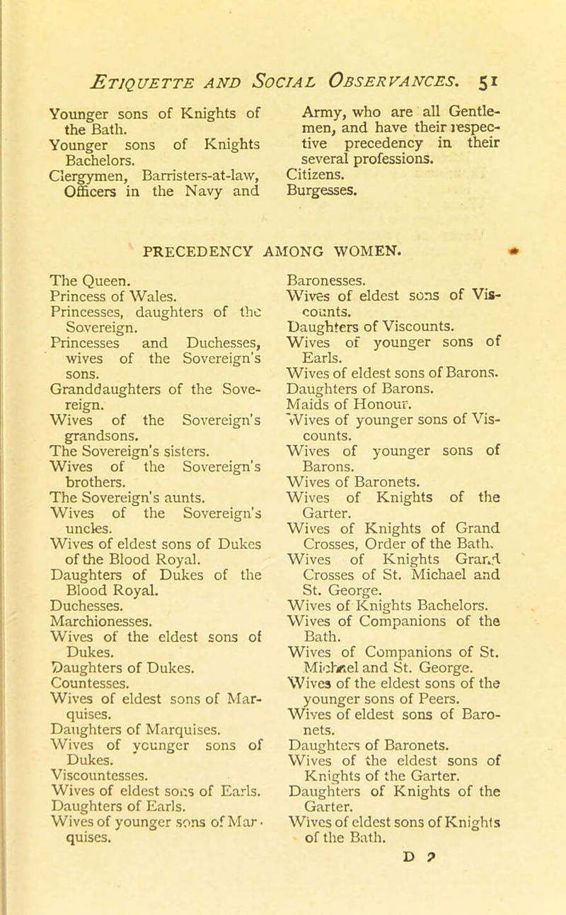 Younger sons of Knights of the Bath. Younger sons of Knights Bachelors. Clergymen, Barristers-at-law, Officers in the Navy and Army, who are all Gentle- men, and have their lespec- tive precedency in their several professions. Citizens. Burgesses. PRECEDENCY AMONG WOMEN. The Queen. Princess of Wales. Princesses, daughters of the Sovereign. Princesses and Duchesses, wives of the Sovereign’s sons. Granddaughters of the Sove- reign. Wives of the Sovereign’s grandsons. The Sovereign’s sisters. Wives of the Sovereign’s brothers. The Sovereign’s aunts. Wives of the Sovereign’s uncles. Wives of eldest sons of Dukes of the Blood Royal. Daughters of Dukes of the Blood Royal. Duchesses. Marchionesses. Wives of the eldest sons of Dukes. Daughters of Dukes. Countesses. Wives of eldest sons of Mar- quises. Daughters of Marquises. Wives of younger sons of Dukes. Viscountesses. Wives of eldest sor.s of Earls. Daughters of Earls. Wives of younger sons of Mar- quises. Baronesses. Wives of eldest sons of Vis- counts. Daughters of Viscounts. Wives of younger sons of Earls. Wives of eldest sons of Barons. Daughters of Barons. Maids of Honour. Wives of younger sons of Vis- counts. Wives of younger sons of Barons. Wives of Baronets. Wives of Knights of the Garter. Wives of Knights of Grand Crosses, Order of the Bath, Wives of Knights Grand Crosses of St. Michael and St. George. Wives of Knights Bachelors. Wives of Companions of the Bath. Wives of Companions of St. Michrel and St. George. Wives of the eldest sons of the younger sons of Peers. Wives of eldest sons of Baro- nets. Daughters of Baronets. Wives of the eldest sons of Knights of the Garter. Daughters of Knights of the Garter. Wives of eldest sons of Knights of the Bath. D ?