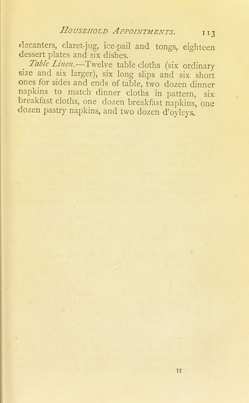 decanters, claret-jug, ice-pail and tongs, eighteen dessert plates and six dishes. Table Linen.—Twelve table cloths (six ordinary size and six larger), six long slips and six short ones for sides and ends of table, two dozen dinner napkins to match dinner cloths in pattern, six breakfast cloths, one dozen breakfast napkins, one dozen pastry napkins, and two dozen d’oyleys.