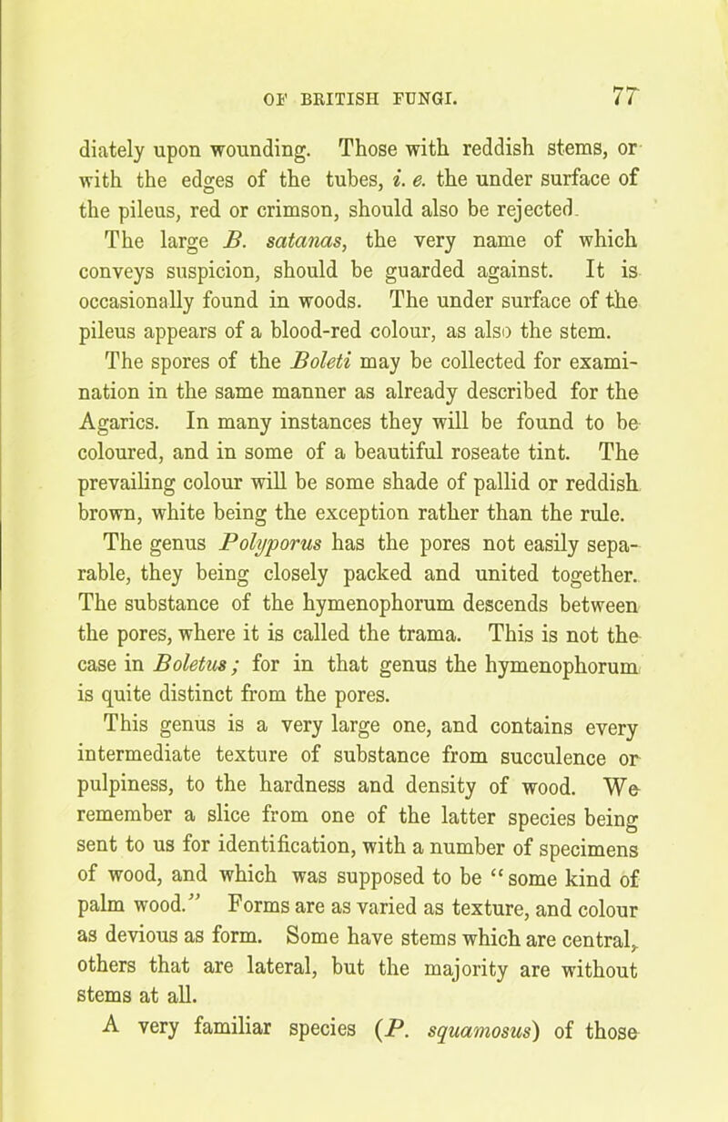 diately upon wounding. Those with reddish stems, or with the edges of the tubes, i. e. the under surface of the pileus, red or crimson, should also be rejected. The large B. satanas, the very name of which conveys suspicion, should be guarded against. It is occasionally found in woods. The under surface of the pileus appears of a blood-red colour, as also the stem. The spores of the Boleti may be collected for exami- nation in the same manner as already described for the Agarics. In many instances they will be found to be coloured, and in some of a beautiful roseate tint. The prevailing colour will be some shade of pallid or reddish brown, white being the exception rather than the rule. The genus Polyporus has the pores not easily sepa- rable, they being closely packed and united together. The substance of the hymenophorum descends between the pores, where it is called the trama. This is not the case in Boletus; for in that genus the hymenophorum is quite distinct from the pores. This genus is a very large one, and contains every intermediate texture of substance from succulence or pulpiness, to the hardness and density of wood. Wu remember a slice from one of the latter species being sent to us for identification, with a number of specimens of wood, and which was supposed to be “some kind of palm wood/’ Forms are as varied as texture, and colour as devious as form. Some have stems which are central,, others that are lateral, but the majority are without stems at all. A very familiar species (P. squamosus) of those