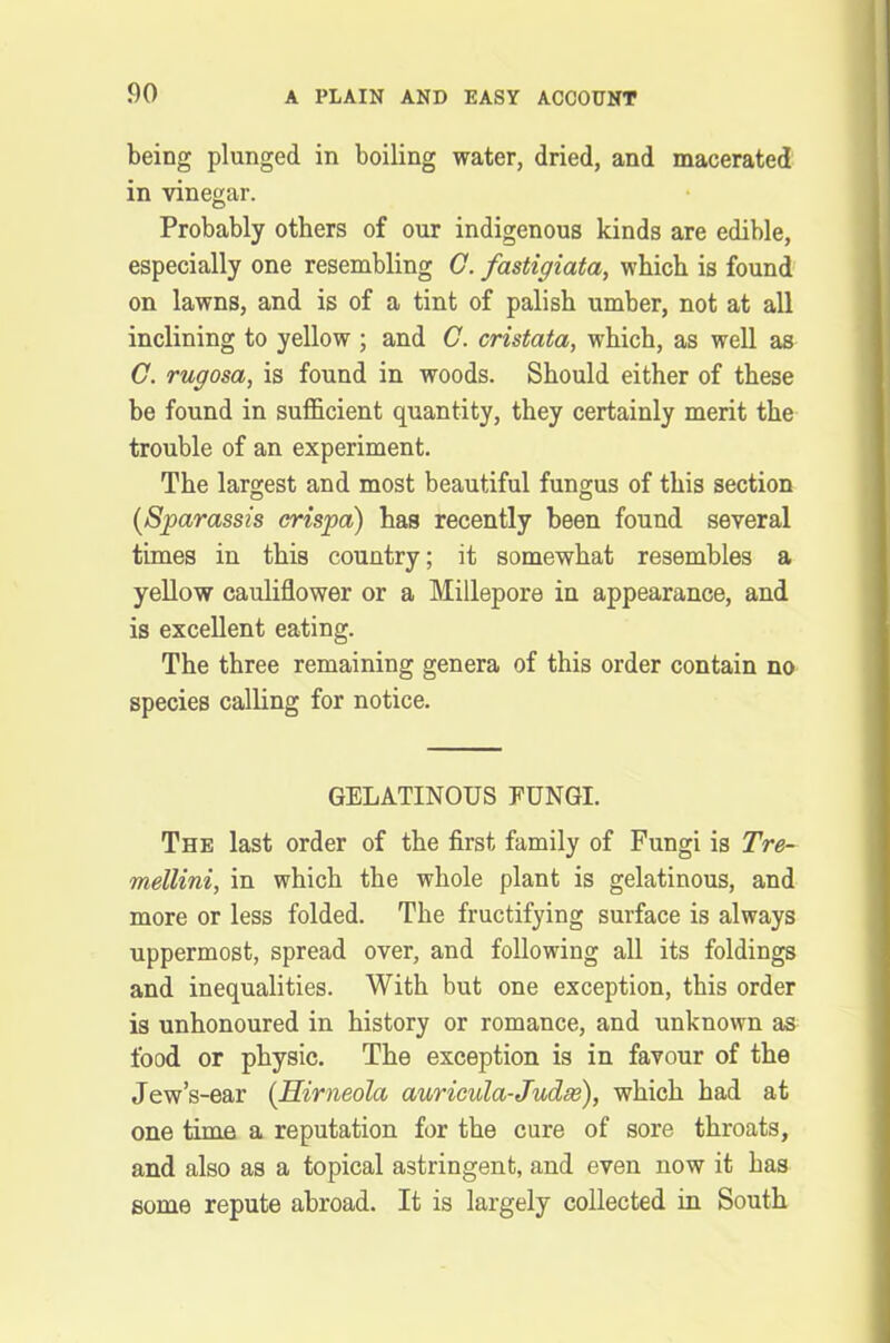 being plunged in boiling water, dried, and macerated in vinegar. Probably others of our indigenous kinds are edible, especially one resembling G. fastigiata, which is found on lawns, and is of a tint of palish umber, not at all inclining to yellow ; and C. cristata, which, as well as G. rugosa, is found in woods. Should either of these be found in sufficient quantity, they certainly merit the trouble of an experiment. The largest and most beautiful fungus of this section (Sparassis crispa) has recently been found several times in this country; it somewhat resembles a yellow cauliflower or a Millepore in appearance, and is excellent eating. The three remaining genera of this order contain no species calling for notice. GELATINOUS EUNGI. The last order of the first family of Fungi is Tre- mellini, in which the whole plant is gelatinous, and more or less folded. The fructifying surface is always uppermost, spread over, and following all its foldings and inequalities. With but one exception, this order is unhonoured in history or romance, and unknown as food or physic. The exception is in favour of the Jew’s-ear (Hirneola auricula-Judee), which had at one time a reputation for the cure of sore throats, and also as a topical astringent, and even now it has some repute abroad. It is largely collected in South