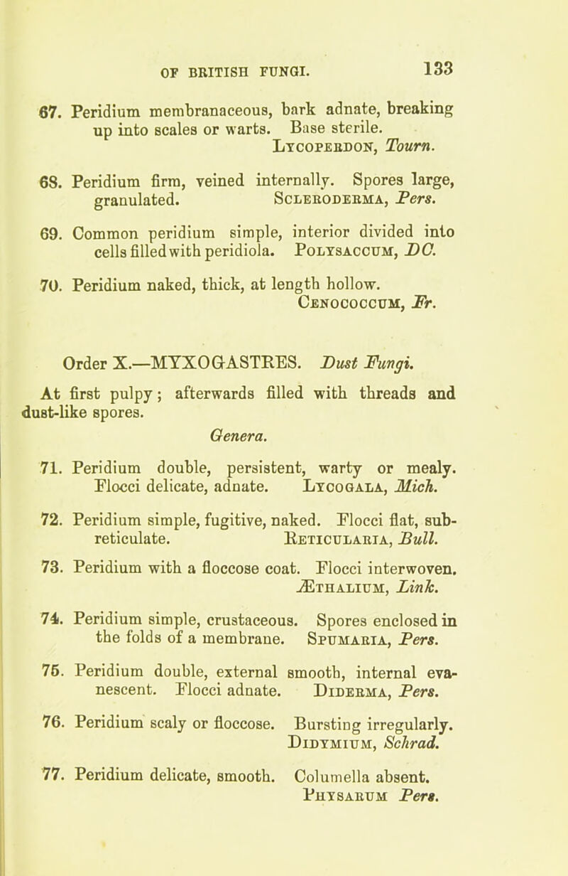 67. Peridium membranaceous, bark adnate, breaking up into scales or warts. Base sterile. Lycoperdon, Tourn. 68. Peridium firm, veined internally. Spores large, granulated. Scleroderma, Pers. 69. Common peridium simple, interior divided into cells filled with peridiola. Polxsaccum, DC. 70. Peridium naked, thick, at length hollow. Cenococcum, Fr. Order X.—MYXOGrASTB.ES. Dust Fungi. At first pulpy; afterwards filled with threads and dust-like spores. Genera. 71. Peridium double, persistent, warty or mealy. Elocci delicate, adnate. Lvcogala, Mich. 72. Peridium simple, fugitive, naked. Elocci flat, sub- reticulate. Keticularia, Dull. 73. Peridium with a floccose coat. Elocci interwoven. .ZEthalium, Link. 74. Peridium simple, crustaceous. Spores enclosed in the folds of a membrane. Spumaria, Pers. 75. Peridium double, external smooth, internal eva- nescent. Elocci adnate. Diderma, Pers. 76. Peridium scaly or floccose. Bursting irregularly. Didymium, Schrad. 77. Peridium delicate, smooth. Columella absent. Physarum Pers.