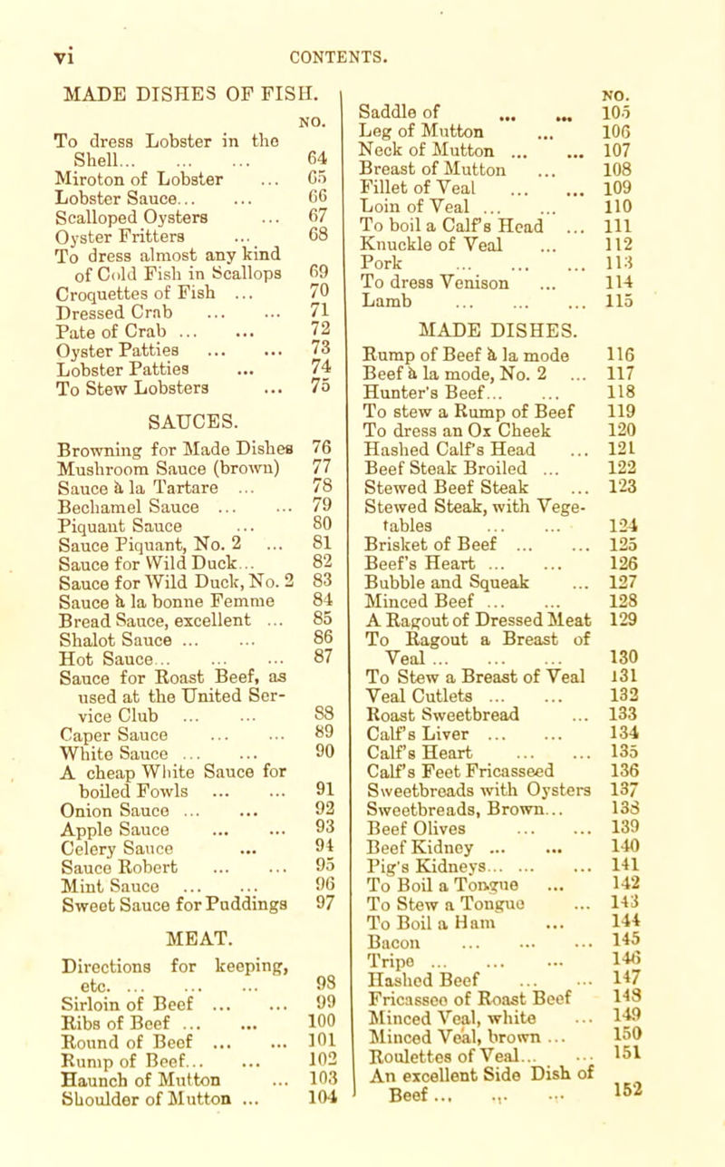MADE DISHES OF FISH. NO. To dress Lobster in the Shell 64 Miroton of Lobster ... 65 Lobster Sauce 66 Scalloped Oysters ... 67 Oyster Fritters ... 68 To dress almost any kind of Cold Fish in Scallops 69 Croquettes of Fish ... 70 Dressed Crab 71 Pate of Crab 72 Oyster Patties 73 Lobster Patties ... 74 To Stew Lobsters ... 75 SAUCES. Browning for Made Dishes 76 Mushroom Sauce (brown) 77 Sauce ti la Tartare ... 78 Bechamel Sauce ... 79 Piquant Sauce ... 80 Sauce Piquant, No. 2 ... 81 Sauce for Wild Duck .. 82 Sauce for Wild Duck, No. 2 83 Sauce h la bonne Femme 84 Bread Sauce, excellent ... 85 Shalot Sauce 86 Hot Sauce 87 Sauce for Roast Beef, as used at the United Ser- vice Club ... ... S8 Caper Sauce ... ... 89 White Sauce 90 A cheap White Sauce for boiled Fowls 91 Onion Sauce ... ... 92 Apple Sauce 93 Celery Sauce ... 91 Sauce Robert 95 Mint Sauce 96 Sweet Sauce for Puddings 97 MEAT. Directions for keeping, etc ... 98 Sirloin of Beef 99 Ribs of Beef 100 Round of Beef 101 Rump of Beef 102 Haunch of Mutton ... 103 Shoulder of Mutton ... 104 NO. Saddle of 105 Leg of Mutton ... 106 Neck of Mutton 107 Breast of Mutton ... 108 Fillet of Veal 109 Loin of Veal 110 To boil a Calf s Head ... Ill Knuckle of Veal ... 112 Pork 113 To dress Venison ... 114 Lamb 115 MADE DISHES. Rump of Beef h la mode 116 Beef h la mode, No. 2 ... 117 Hunter's Beef... ... 118 To stew a Rump of Beef 119 To dress an Ox Cheek 120 Hashed Calf s Head ... 121 Beef Steak Broiled ... 122 Stewed Beef Steak ... 123 Stewed Steak, with Vege- tables 124 Brisket of Beef 125 Beef’s Heart 126 Bubble and Squeak ... 127 Minced Beef ... ... 128 A Ragout of Dressed Meat 129 To Ragout a Breast of Veal 130 To Stew a Breast of Veal 131 Veal Cutlets 132 Roast Sweetbread ... 133 Calf s Liver 134 Calf’s Heart 135 Calf s Feet Fricasseed 136 Sweetbreads with Oysters 137 Sweetbreads, Brown... 138 Beef Olives 139 Beef Kidney 140 Pig's Kidneys 141 To Boil a Tongue ... 142 To Stew a Tongue ... 143 To Boil a Ham ... 144 Bacon 145 Tripo 146 Hashed Beef 147 Fricasseo of Roast Beef Minced Veal, white .. • 149 Minced Veal, brown ... 150 Roulettes of Veal... ••• 151 An excellent Side Dish of Beef... .,.