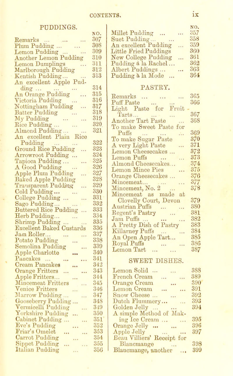 PUDDINGS. Remarks ... Plum Pudding Lemon Pudding ... Another Lemon Pudding Lemon Dumplings Marlborough Pudding Kentish Pudding An excellent Apple Pud- ding - An Orange Pudding Victoria Pudding Nottingham Pudding Batter Pudding My Pudding Bice Pudding ... Almond Pudding ... An excellent Plain Rice Pudding Ground Rice Pudding ... Arrowroot Pudding ... Tapioca Pudding A Good Pudding Apple Plum Pudding Baked Apple Pudding Transparent Pudding Cold Pudding: College Pudding ... Sago Pudding... Buttered Rice Pudding ... Herb Pudding... Shrimp Pudding ... Excellent Baked Custards Jam Roller... Potato Pudding Semolina Pudding Apple Charlotte ... Pancakes ... Cream Pancakes Orange Fritters .Apple Fritters... Mincemeat Fritters Venice Fritters Marrow Pudding ... Gooseberry Pudding ... Vermicelli Pudding Yorkshire Pudding ... Cabinet Pudding ... Eve’s Pudding Friar’s Omelet ... Carrot Pudding Sippet Pudding ... Italian Pudding NO. Millet Pudding ... ... 357 Suet Pudding... ... 358 An excellent Pudding ... 359 Little Fried Puddings 360 New College Pudding ... 361 Pudding a la Rachel... 362 Albert Puddings ... ... 363 Pudding h la Mode ... 364 PASTRY. Remarks 365 Puff Paste ... ... 36G Light Paste for Fruit - Tarts... ... ... 367 Another Tart Paste ... 368 To make Sweet Paste for Puffs 369 To make Sugar Paste 370 A very Light Paste ... 371 Lemon Cheesecakes ... 372 Lemon Puffs 373 Almond Cheesecakes... 374 Lemon Mince Pies ... 375 Orange Cheesecakes ... 376 Mincemeat... ... ... 377 Mincemeat, No. 2 ... 378 Mincemeat as made at Clovelly Court, Devon 379 Austrian Puffs ... ... 380 Regent’s Pastry ... 381 Jam Puffs ... 382 A Pretty Dish of Pastry 383 Killarney Puffs ... ... 384 An Open Apple Tart... 385 Royal Puffs ... ... 38G Lemon Tart ... ... 387 SWEET DISHES. Lemon Solid ... ... 388 French Cream 389 Orange Cream ... 390 Lemon Cream ... ... 391 Snow Cheese 392 Dutch Flummery... ... 393 Golden Jelly 394 A simple Method of Mak- ing Ice Cream 395 Orange Jelly ... ... 396 Apple Jelly ... ... 397 Beau Villiers’ Receipt for Blancmange ... 398 Blancmange, another .., 399 NO. 307 308 309 310 311 312 313 314 315 316 317 318 319 320 321 322 323 324 325 326 327 328 329 330 331 332 333 334 335 336 337 338 339 340 341 342 343 344 345 346 347 348 349 350 351 352 353 354 355 356