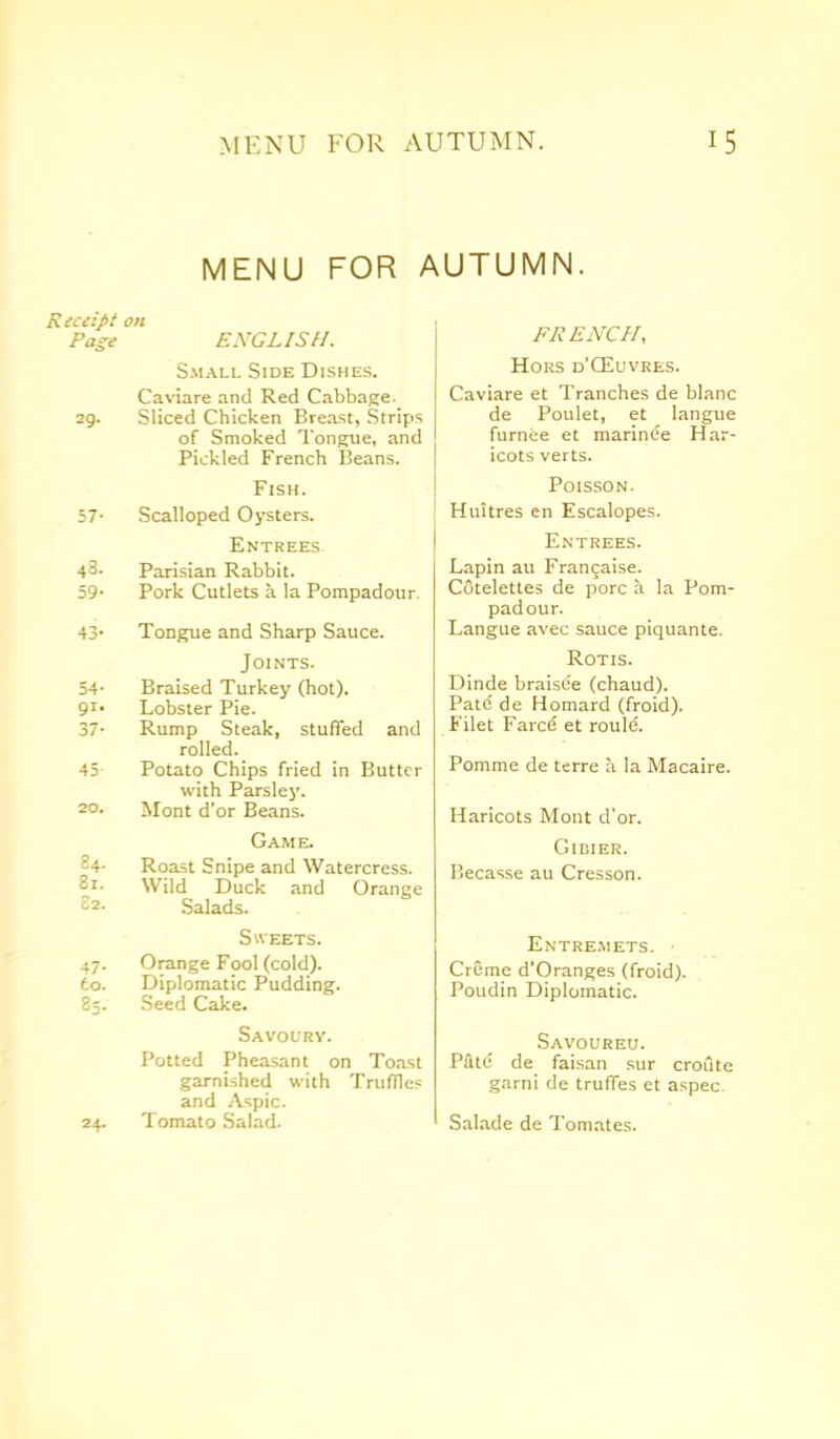 Receipt Page 29. 57- 48. 59- 43- 54* 91* 37- 45 20. 84. 81. £2. 47- to. 85. 24. MENU FOR AUTUMN. on ENGLISH. Small Side Dishes. Caviare and Red Cabbage. Sliced Chicken Breast, Strips of Smoked Tongue, and Pickled French Beans. Fish. Scalloped Oysters. Entrees. Parisian Rabbit. Pork Cutlets a la Pompadour Tongue and Sharp Sauce. Joints. Braised Turkey (hot). Lobster Pie. Rump Steak, stuffed and rolled. Potato Chips fried in Butter with Parsley. Mont d’or Beans. Game. Roast Snipe and Watercress. Wild Duck and Orange Salads. Sweets. Orange Fool (cold). Diplomatic Pudding. Seed Cake. Savoury. Potted Pheasant on Toast garnished with Truffles and Aspic. Tomato Salad. FRENCH, Hors d’CEuvres. Caviare et Tranches de blanc de Poulet, et langue furnee et marinde Har- icots verts. Poisson. Huitres en Escalopes. Entrees. Lapin au Frangaise. Cotelettes de pore a la Pom- padour. Langue avec sauce piquante. Rotis. Dinde braisde (chaud). Patd de Homard (froid). Filet Fared et roule. Pomme de terre a la Macaire. Haricots Mont d’or. Gibier. Becasse au Cresson. Entrem ets. Creme d’Oranges (froid). Poudin Diplomatic. Savoureu. Patd de faisan sur croute garni de truffes et aspec Salade de Tomates.