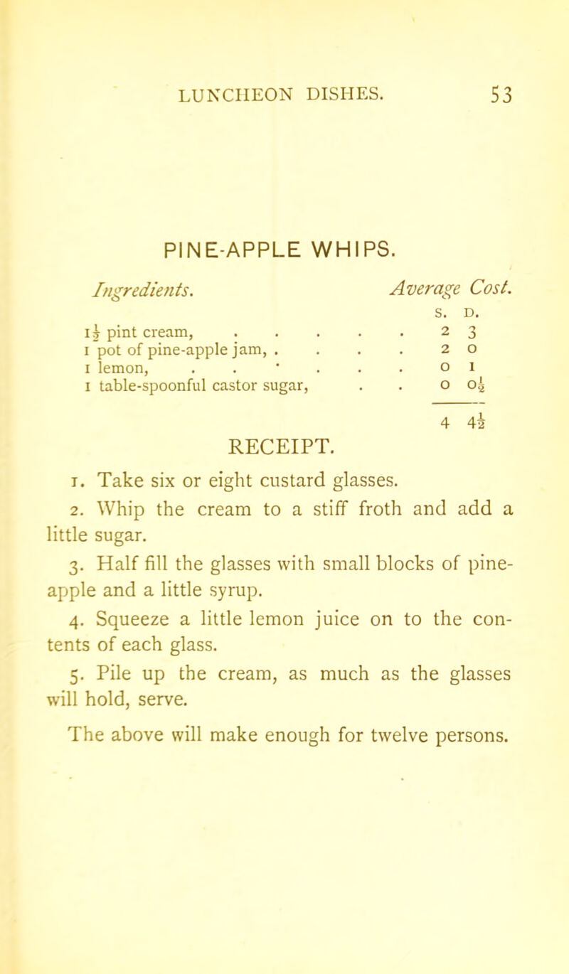 PINE-APPLE WHIPS. Ingredients. Average Cost. 1 j pint cream, . . . . 1 pot of pine-apple jam, . S. D. 2 3 2 O 1 iemon, . O 1 1 table-spoonful castor sugar, • O 04 RECEIPT. 4 4i 1. Take six or eight custard glasses. 2. Whip the cream to a stiff froth and add a little sugar. 3. Half fill the glasses with small blocks of pine- apple and a little syrup. 4. Squeeze a little lemon juice on to the con- tents of each glass. 5. Pile up the cream, as much as the glasses will hold, serve. The above will make enough for twelve persons.