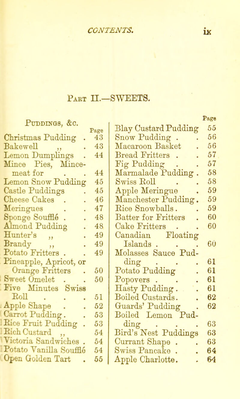 Pakt Puddings, &c. Christmas Pudding . Bakewell ,, Lemon Dumplings Mince Pies, Mince- meat for Lemon Snow Pudding Castle Puddings Cheese Cakes . Meringues Sponge Souffle . Almond Pudding Hunter’s ,, Brandy ,, Potato Fritters . Pineapple, Apricot, or Orange Fritters Sweet Omelet . Five Minutes Swiss Poll Apple Shape Carrot Pudding. Pice Fruit Pudding . Pich Custard ,, Victoria Sandwiches . Potato Vanilla Souffle Open Golden Tart •SWEETS. Page Blay Custard Pudding 55 Snow Pudding . .56 Macaroon Basket . 56 Bread Fritters . .57 Fig Pudding . .57 Marmalade Pudding . 58 Swiss Poll . .58 Apple Meringue . 59 Manchester Pudding. 59 Pice Snowballs. .59 Batter for Fritters . 60 Cake Fritters . . 60 Canadian Floating Islands . . .60 Molasses Sauce Pud- ding . . .61 Potato Pudding . 61 Popovers . . .61 Hasty Pudding. .61 Boiled Custards. . 62 Guards’ Pudding . 62 Boiled Lemon Pud- ding . . .63 Bird’s Nest Puddings 63 Currant Shape . . 63 Swiss Pancake . . 64 Apple Charlotte. . 64 II.- Page 43 43 44 44 45 45 46 47 48 48 49 49 49 50 50 51 52 53 53 54 54 54 55