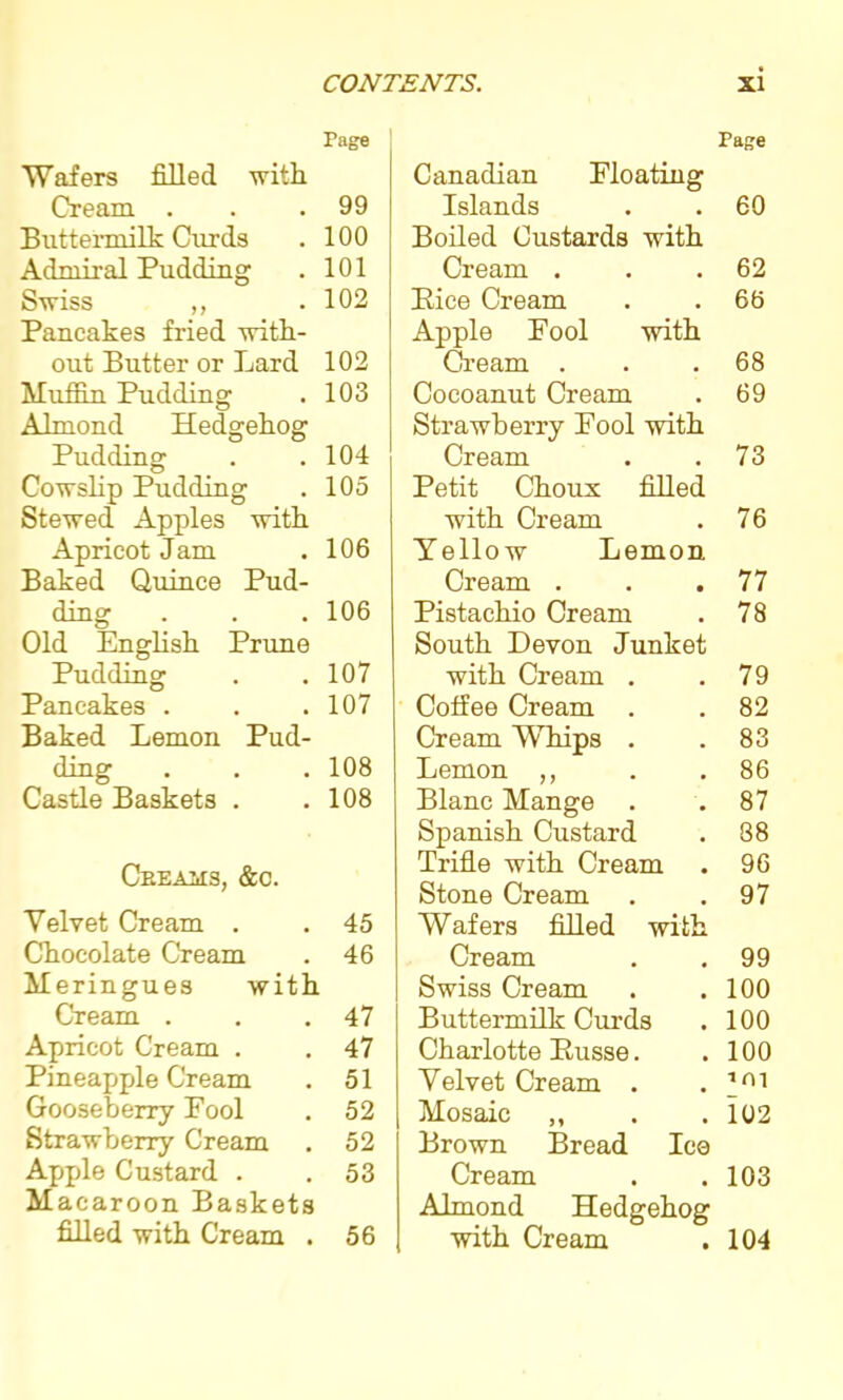 Page Wafers filled with. Cream . .99 Buttermilk Curds . 100 Admiral Pudding . 101 Swiss ,, .102 Pancakes fried with- out Butter or Lard 102 Muffin Pudding . 103 Almond Hedgehog Pudding . .104 Cowslip Pudding . 105 Stewed Apples with Apricot Jam . 106 Baked Quince Pud- ding 106 Old English Prune Pudding 107 Pancakes . 107 Baked Lemon Pud- ding 108 Castle Baskets . 108 Ceeams, &c. Velvet Cream . 45 Chocolate Cream 46 Meringues with Cream . 47 Apricot Cream . 47 Pineapple Cream 51 Gooseberry Fool 52 Strawberry Cream 52 Apple Custard . 53 Macaroon Baskets filled with Cream . 56 Page Canadian Floating Islands . . 60 Boiled Custards with Cream . . .62 Pice Cream . . 66 Apple Fool with Cream . . .68 Cocoanut Cream . 69 Strawberry Fool with Cream . .73 Petit Choux filled with Cream . 76 Yellow Lemon Cream . • 77 Pistachio Cream # 78 South Devon Junket with Cream . 79 Coffee Cream . . 82 Cream Whips . . 83 Lemon ,, , 86 Blanc Mange • 87 Spanish Custard . 88 Trifle with Cream # 96 Stone Cream . 97 Wafers filled with Cream # 99 Swiss Cream 100 Buttermilk Curds 100 Charlotte Pusse. 100 Velvet Cream . . •>m Mosaic ,, 102 Brown Bread Ice Cream 103 Almond Hedgehog with Cream . 104