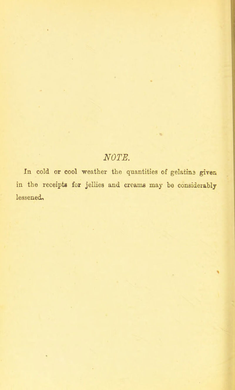 NOTE. In cold or cool 'weather the quantities of gelatine given in the receipts for jellies and creams may be considerably lessened.