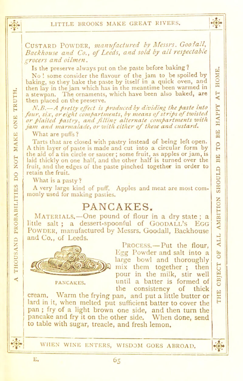 A THOUSAND PROBABILITIES DO NOT MAKE ONE TRUTH. m LITTLE BROOKS MAKE GREAT RIVERS. grocers and oilmen. Is the preserve always put on the paste before baking ? baking, so they bake the paste by itself in a quick oven, and then lay in the jam which has in the meantime been warmed in a stewpan. The ornaments, which have been also baked, are then placed on the preserve. N.B. — A pretty effect is produced by dividing the Paste into four, six, or eight compartments, by means of strips of twisted or plaited pastry, and fitting alternate compartments with jam and marmaladef or with cither of these and custard. What are puffs ? Tarts that are closed with pastry instead of being left open. A thin layer of paste is made and cut into a circular form by the aid of a tin circle or saucer; some fruit, as apples or jam, is laid thickly on one half, and the other half is turned over the fruit, and the edges of the paste pinched together in order to retain the fruit. What is a pasty ? A very large kind of puff. Apples and meat are most com- monly used for making pasties. PANCAKES. Materials.—One pound of flour in a dry state ; a little salt ; a dessert-spoonful of Goodall’s Egg Powder, manufactured by Messrs. Goodall, Backhouse and Co., of Leeds. Process.—Put the flour, Egg Powder and salt into a large bowl and thoroughly mix them together ; then pour in the milk, stir well until a batter is formed of the consistency of thick cream. Warm the frying pan, and put a little butter or lard in it, when melted put sufficient batter to cover the pan ; fry of a light brown one side, and then turn the pancake and fry it on the other side. When done, send to table with sugar, treacle, and fresh lemon. rANCAKES. when wine enters, wisdom goes abroad. THE OBJECT OF ALL AMBITION SHOULD BE TO BE HAPPY AT HOME.