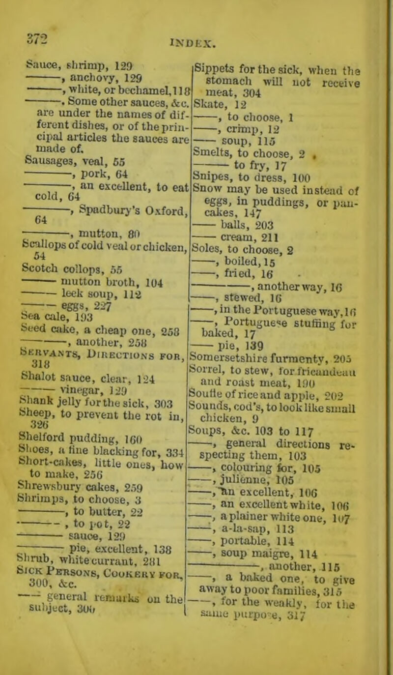 INOKX. ■auce, Blirimp, 129 , anchovy, 129 , white, or bechamel,! 18 Some other sauces, &c. are under the names of dif- ferent dislies, or of the prin- cipal articles the sauces are made of. Sausages, veal, 65 pork, 64 , an excellent, to eat cold, 64 — , Spadbury’s Oxford, 64 -, mutton, 80 Scallops of cold veal or cliicken, 54 ’ Scotch collops, 55 mutton broth, 104 leek soup, 112 eggs, 227 Sea cale, 193 Seed cake, a cheap one, 258 ■; , another, 258 Skuvants, Oiuections for. 318 Shalot sauce, clear, 124 7 \inegar, 129 Shank jelly forthesick, 303 Sheep, to prevent the rot in. 326 ’ Shelford pudding, 160 Shoes, a fine blacking for, 334 Short-cakes, little ones, how to make, 256 Shrew.sbury cakes, 2.59 Shrimps, to choose, 3 , to butter, 22 , to pot, 22 sauce, 129 ~—-— pie, excellent, 138 Shrub, white currant, 281 Sick Persons, Cuuksky for, 300, &c. ^ general remaiks on the suliject, 301/ Sippets for the sick, when the stomach will not receive meat, 304 Slcate, 12 . to choose, 1 , crimp, 12 soup, 115 Smelts, to choose, 2 , to fry, 17 Snipes, to dress, 100 Snow may be used instead of eggs, in puddings, or pan- cakes, 147 — balls, 203 — cream, 211 Soles, to choose, 2 boiled, 15 fried, 16 , anotherway, 16 .stewed, 16 , in the Port uguese way, 16 , Portuguese stutiing for baked, 17 — pie, 139 Somersetshire furmenty, 205 Sorrel, to stew, for fricaudoau and roast meat, 190 SouHe of rice and apple, 202 Sounds, cod’s, to look like small chicken, 9 Soups, &c. 103 to 117 —, genei-al directions re- specting them, 103 —, colouring for, 105 —, julienne, 105 —,'ftn excellent, 106 —, an excellent white, 106 —, aplainer white one, I07 —, a-hi-sap, 113 —, portable, 114 —, soup maigre, 114 , another, 116 , a baked one, to give away to poor families, 315 , for the weakly, lor tlie same purpo-e, 317