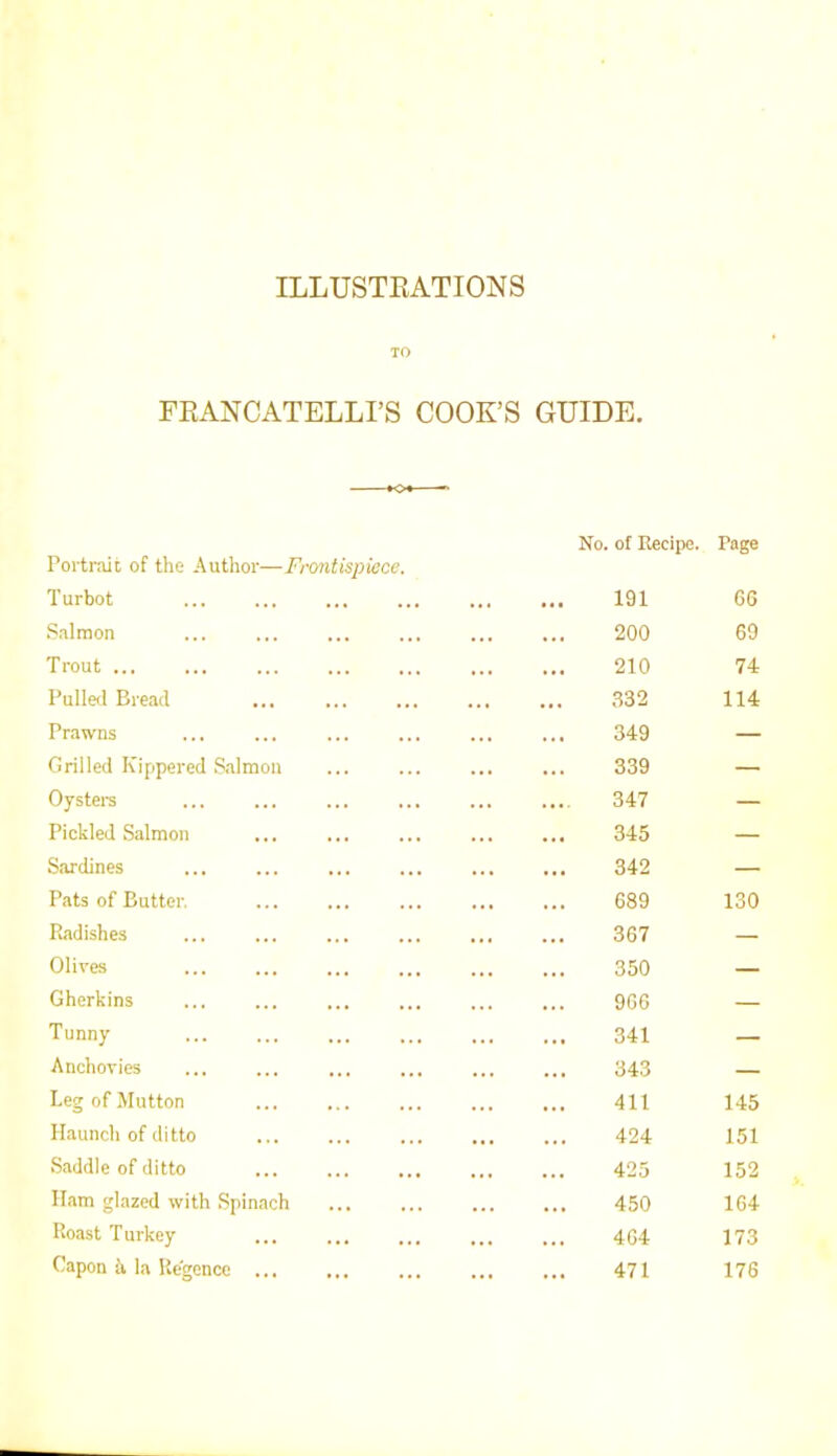 ILLUSTRATIONS TO FRANCATELLI’S COOK’S GUIDE. Portrait of the Author—Frontispiece. Turbot ... ... No. of Recipe. 191 Page 66 Salmon 200 69 Trout ... 210 74 Pulled Bread 332 114 Prawns ... ... 349 — Grilled Kippered Salmon 339 — Oysters 347 — Pickled Salmon 345 — Sardines 342 — Pats of Butter. 689 130 Radishes 367 — Olives 350 — Gherkins 966 — Tunny 341 — Anchovies 343 — Leg of Mutton 411 145 Haunch of ditto 424 151 Saddle of ditto 425 152 Ham glazed with Spinach 450 164 Roast Turkey 464 173 Capon a la Re'gence ... 471 176