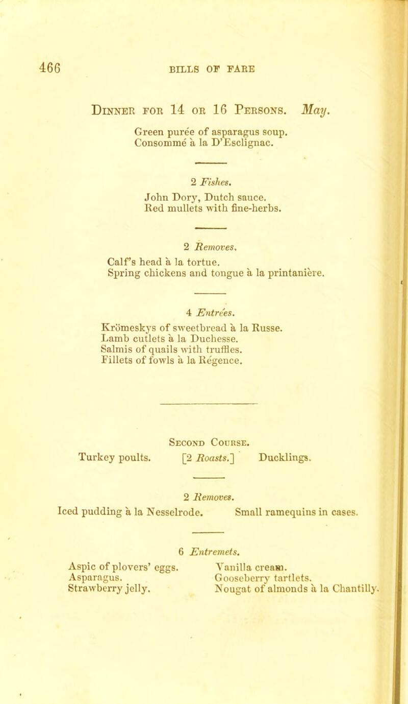 Dinner for 14 or 16 Persons. May. Green puree of asparagus soup. Consomme a la D’Esclignac. 2 Fishes. John Dory, Dutch sauce. Red mullets with fine-herbs. 2 Removes. Calf’s head a la tortue. Spring chickens and tongue a la printaniere. 4 Entrees. Kromeskys of sweetbread a la Russe. Lamb cutlets a la Duchesse. Salmis of quails with truffles. Fillets of fowls a la Regence. Second Course. Turkey poults. [2 Roasts.] Ducklings. 2 Removes. Iced pudding a la Nesselrode. Small ramequins in cases. 6 Entremets. Aspic of plovers’ eggs. Asparagus. Strawberry jelly. Vanilla cream. Gooseberry tartlets. Nougat of almonds a la Chantilly.