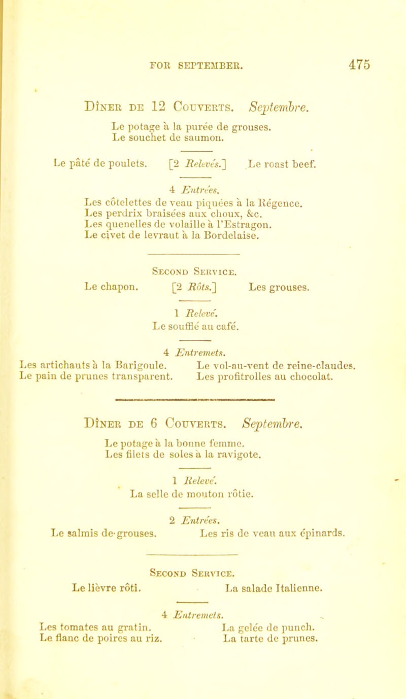 Diner de 12 Coeverts. Scptembre. Le potage a la puree ile grouses. Le souchet de saumou. Le pate de poulets. [2 RelevesJ] Le roast beef. 4 Entrees. Les cotelettes de veau piquees a la Regence. I.es perdrix braisees aux clioux, &c. Les quenelles de volaille a 1’Estragon. Le civet de levraut a la Bordelaise. Second Service. Le chapon. [2 Rots.] Les grouses. 1 Relcve. Le souffle au cafe. 4 Entremets. Les artichauts a la Barigoule. Le vol-nu-vent de reine-claudes. Le pain de prunes transparent. Les profitrolles au chocolat. DIner de 6 Couyerts. Septembre. Le potage a la bonne femme. Les filets de soles a la ravigote. 1 Iieleve. La selle de mouton lotie. 2 Entrees. Le salmis de-grouses. Les ris dc veau aux cpinards. Second Service. Le lievre roti. La salade Italienne. 4 Entremets. Les tomates au gratin. J,a gclee do punch. Le flanc de poircs au riz. La tarte de prunes.