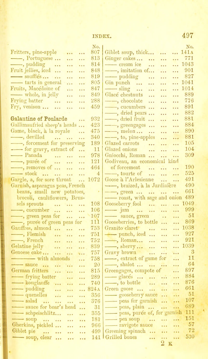 No. Fritters, pine-apple 807 , Portuguese 813 , pudding 814 Fruit jellies, iced 848 souffles 819 tarts in general 805 Fruits, Macedoine of 847 whole, in jelly 849 Frying batter 288 Fry, venison 459 Galantine of Poularde ... 932 Gallimaufried sheep’s heads ... 423 Game, black, h la royale ... 475 , devilled 340 , forcemeat for preserving 189 for gravy, extract of ... 11 Panada 978 , puree of 121 , removes of 464 stock 4 Gargle, a, for sore throat ... 1072 Garnish, asparagus peas, French beans, small new potatoes, brocoli, cauliflowers, Brus- sels sprouts 108 , cucumber 106 , green peas for 107 , puree of green peas for 111 Gauffres, almond 753 , Flemish 751 , French 752 Gelatine jelly 839 Genoese cake ... 757 with almonds ... 758 sauce 20 German fritters 815 ■ flying batter 289 kougiauffe 740 • pudding 824a quenelles 356 salad 376 • sauce for boar’s head ... 31 schpeischlitz 355 soup 181 Gherkins, pickled 966 Giblet pie 499 soup, clear 141 Giblet soup, thick... Ginger cakes cream ice ———, imitation of... pudding Gin punch sling Glace chestnuts ... , chocolate ... , cucumbers ... , dried pears ... , dried fruit ... , greengages ... , melon , to, pine-apples Glazed carrots Glazed onions Gniocchi, Roman ... Godiveau, an economical hint of forcemeat 190 , tourte of ... 525 Goose h l’Arlesienne 491 —•—, braized, a la Jardiniere 490 , green 661 roast, with sage and onion 489 Gooseberry fool 1049 jam 999 -—— sauce, green 51 Gooseberries, to bottle 869 Granito claret 1038 punch, iced 927 , Roman 921 , sherry ... 1039 Gravy brown 3 , extract of game for ... 11 , shalot 64 Greengages, compote of ... 897 glace's 834 , to bottle 876 Green goose 661 gooseberry sauce 51 peas for garnish 107 peas, plain 689 peas, puree of, for garnish 111 pea soup 151 ravigote sauce 57 Greening spinach 72 Grilled bones ... 530 2 K No. 141a 771 1043 901 827 1041 1014 889 776 891 882 881 884 890 881 105 104 309