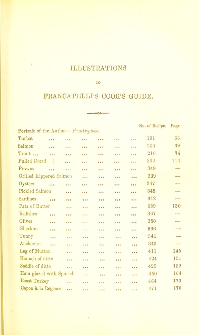 ILLUSTRATIONS TO FRANCATELLI’S COOK’S GUIDE. Portrait of the Author—Frontispiece. Turbot ... ... Ho. of Recipe. 191 Pc.gr 66 Salmon ... • • • ... 200 69 Trout ... ... ... ... ... 210 74 Pulled Bread ! • •• • • • • •• 332 114 Prawns Ml • • • • • t 349 — Grilled Kippered Salmon ... • • • • • • ... 339 — Oysters ... ... ... • • • • • • 347 — Pickled Salmon ... • • • • • • ... 345 — Sardines • • • • •• ... 342 — Pats of Butter ... • •• ... 689 130 Radishes ... ... • • • ... 367 — Olives • I • ... 350 — Gherkins ... ... 966 — Tunny ... 341 — Anchovies ... ... 343 — Leg of Mutton • •• 411 145 Haunch of ditto . • • 424 151 Saddle of ditto • •• • • • 425 152 Ham glazed with Spinach ... ... • • . 450 164 Roast Turkey • •• 464 173 Capon & la Rggcnce ... ... ... ... 471 176