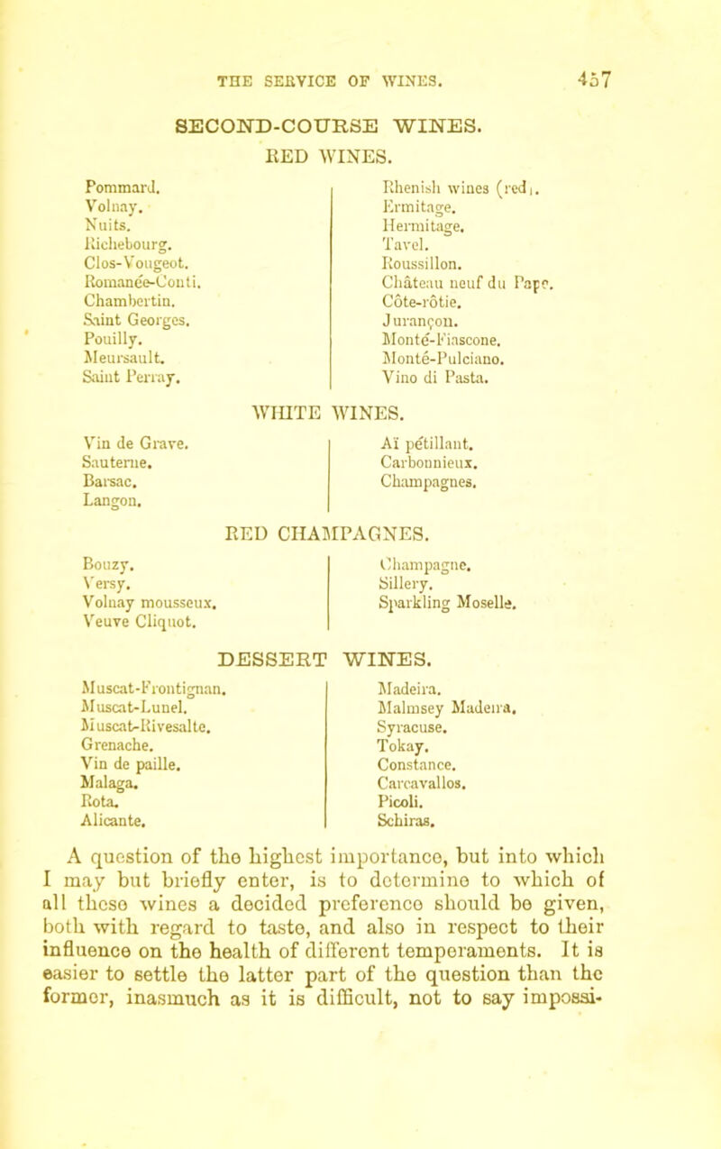 SECOND-COURSE WINES. RED WINES. PommarJ. Rhenish wines (redi. Volnay. Ermitage. Nuits. Hermitage. Richebourg. Tavel. Clos-Vougeot. Roussillon. Romanee-Conti. Chateau neuf du Pape Chambcrtin. Cote-rotie. Saint Georges. J uranfou. Pouilly. Monte-Eiascone. Meursault. Monte-Pulciano. Saint Perray. Vino di Pasta. WHITE WINES. Vin de Grave. Ai petillant. Sauterue. Carbonnieux. Barsac. Chiunpagnes. Langon, RED CHAMPAGNES. Bouzy. Champagne. Yersy. Sillery. Volnay mousseux. Sparkling Moselle. Veuve Cliquot. DESSERT WINES. Muscat-Kroutignan. Muscat-Lunel. M uscat-Rivesalte. Grenache. Vin de paille. Malaga. Rota. Alicante. Madeira. Malmsey Madeira. Syracuse. Tokay. Constance. Carcavallos. Picoli. Schiras. A question of the highest importance, but into which I may but briefly enter, is to determine to which of all these wines a decided preference should be given, both with regard to taste, and also in respect to their influence on the health of different temperaments. It is easier to settle the latter part of the question than the former, inasmuch as it is difficult, not to say impossi-
