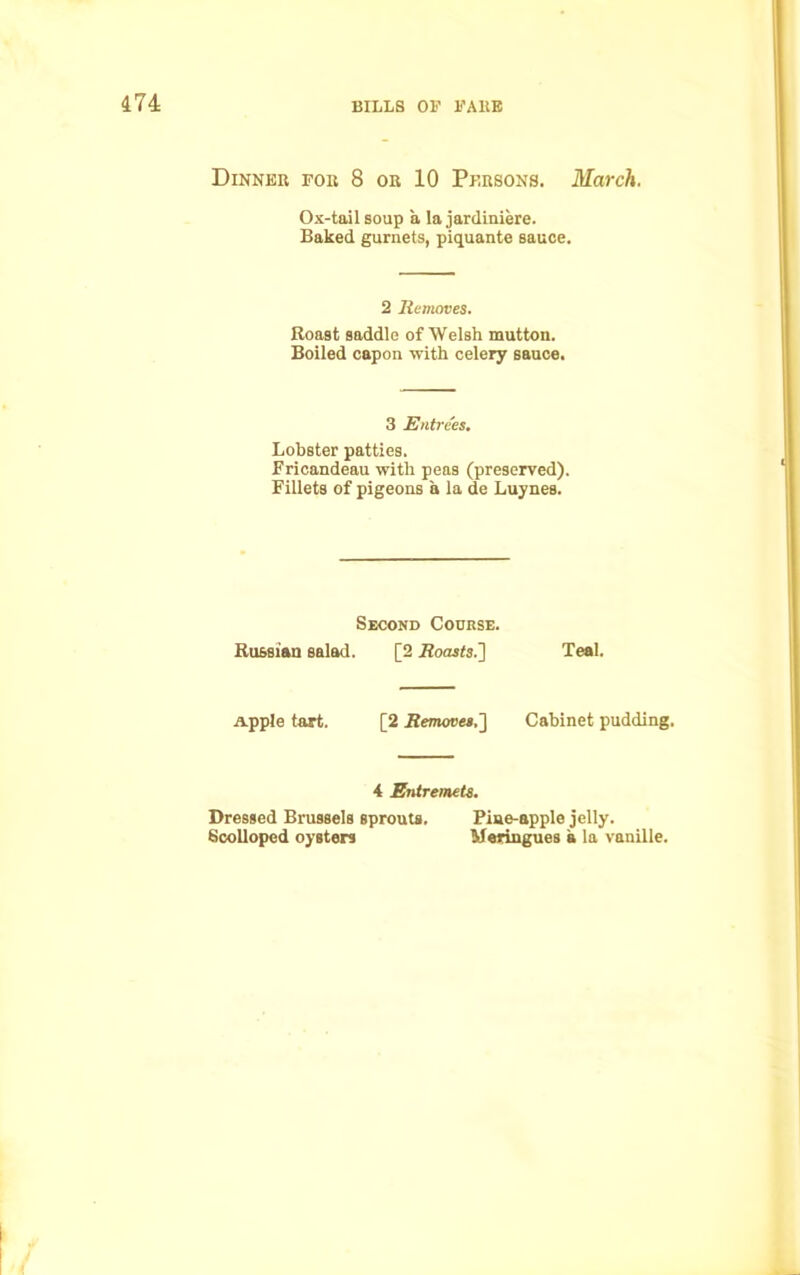Dinner for 8 or 10 Persons. March. Ox-tail soup a la jardiniere. Baked gurnets, piquante sauce. 2 Removes. Boast saddle of Welsh mutton. Boiled capon with celery sauce. 3 Entrees. Lobster patties. Fricandeau with peas (preserved). Fillets of pigeons a la de Luynes. Second Course. Russian salad. [2 Roasts.'] Teal. Apple tart. [2 Removes.] Cabinet pudding. 4 Entremets. Dressed Brussels sprouts. Piae-apple jelly. Scolloped oysters Meringues a la vanille.