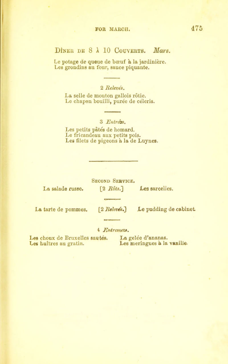 DIner de 8 A 10 Couverts. Mars. Lc potage de queue de bceuf a la jardiniere. Les grondins au four, sauce piquante. 2 Releves. La selle de mouton gallois rotie. Le chapen bouilli, puree de celeris. 3 Entrees. Les petits pates de homard. Le fricandeau aux petits pois. Les filets de pigeons a la de Luynes. Second Service. La salade rusee. [2 .Rots.] Les sarcelles. La tarte de pommes. [2 Releves.'] .Le pudding de cabinet t Entremel*. Les choux de Bruxelles sautes. La gelee d’ananas. Le* huitre3 au gratin. Les meringues a la vanille.