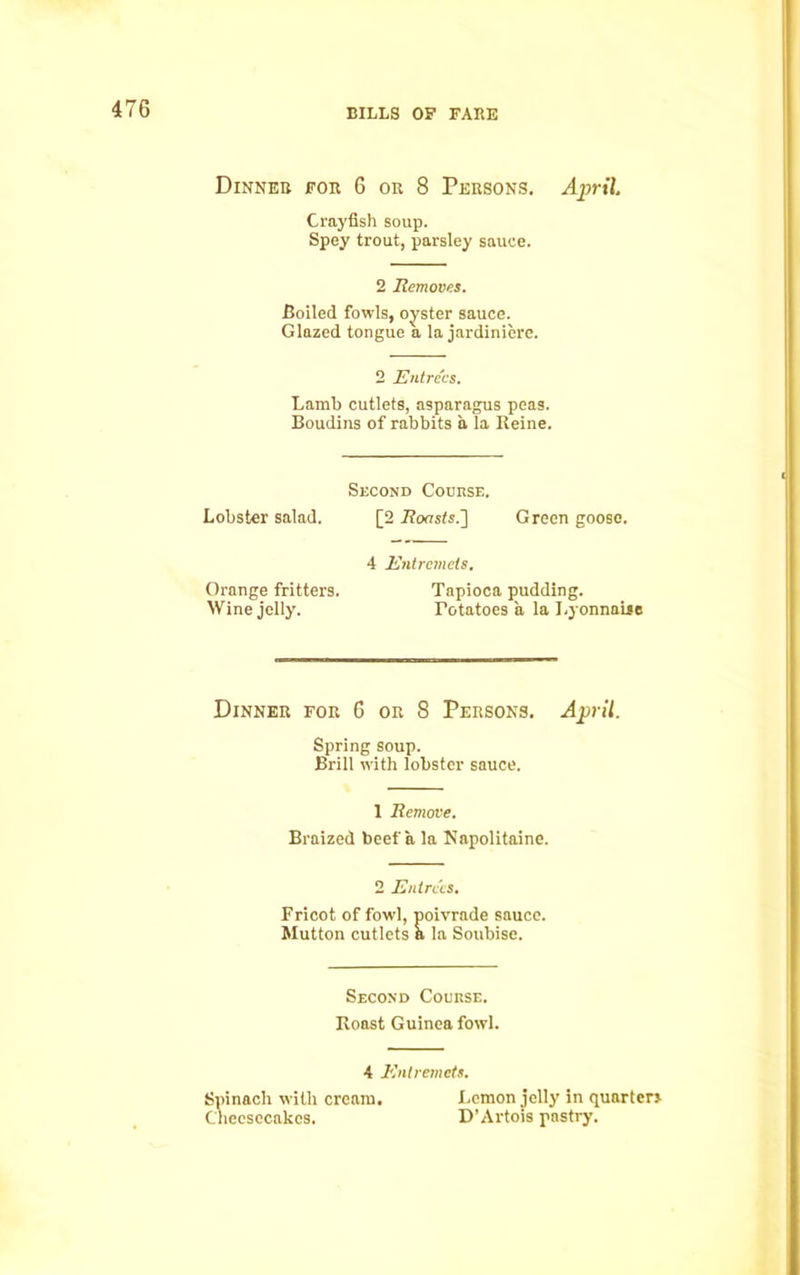 Dinner for 6 or 8 Persons. April. Crayfish soup. Spey trout, parsley sauce. 2 Removes. Boiled fowls, oyster sauce. Glazed tongue a la jardiniere. 2 Entrees. Lamb cutlets, asparagus peas. Boudins of rabbits a la Reine. Second Course. Lobster salad. [2 Roasts.'] Green goose. 4 Entremets. Orange fritters. Tapioca pudding. Wine jelly. Potatoes a la Lyonnalse Dinner for 6 or 8 Persons. April. Spring soup. Brill with lobster sauce. 1 Remove. Braized beef a la Napolitaine. 2 Entrees. Fricot of fowl, poivrade sauce. Mutton cutlets a la Soubise. Second Course. Roast Guinea fowl. 4 Entremets. Spinach with cream. Lemon jelly in quarter* Cheesecakes. D’Artois pastry.
