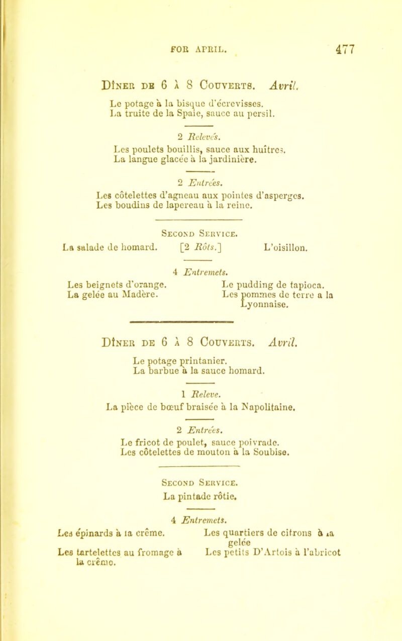 DtNER DE 6 A 8 CoDVERTS. Avril. Le potage a la bisque d’ecrcvisses. La truite de la Spaie, sauce au persil. 2 Relevc's. Les poulets bouillis, sauce aux huitres. La langue glace'e a la jardiniere. 2 Entrees. Les cotelettes d’agneau aux pointes d’asperges. Les boudins de lapereau a la reinc. Second Service. La salade de homard. [2 Rots.'] L’oisillon. Les beignets d’orange. La gelee au Madere. Entremets. Le pudding de tapioca. Les pommes de terre a la Lyonnaise. DIner de 6 A 8 Couverts. Avril. Le potage printanier. La barbue a la sauce homard. 1 Releve. La piece de boeuf braise'e a la Napolitaine. 2 Entrees. Le fricot de poulet, sauce poivrade. Les cotelettes de mouton a la Soubiso. Second Service. La pintado rotie. 4 Entremets. Les e'pinards a la creme. Les quartiers de citrons A m gelee Lea tartelettcs au fromage a Les petits D’Artois a l’abricot U crenio.