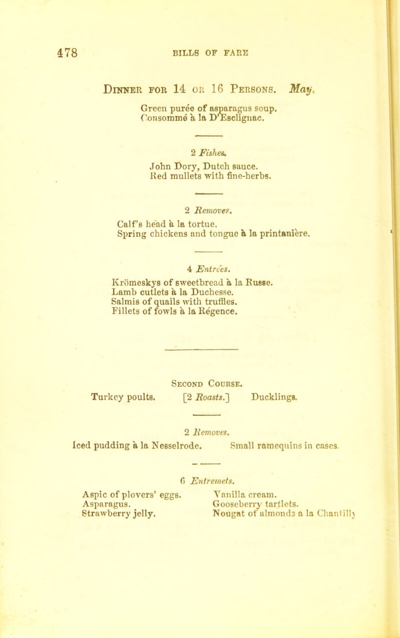 Dinner for 14 on 16 Persons. May, Green puree of asparagus soup. Consomme a la D’Esclignac. 2 Fishes. John Dory, Dutch sauce. Ked mullets Trith fine-herbs. 2 Removes. Calf’s head a la tortue. Spring chickens and tongue h la printaniere. 4 Entrees. Krdmeskys of sweetbread a la Eusse. Lamb cutlets a la Duchesse. Salmis of quails with truffles. Fillets of fowls a la Ke'gence. Second Course. Turkey poults. [2 Roasts.] Ducklings. 2 Removes. Iced pudding a la Nesselrode. Small rnmequins in cases. 0 Entremets. Aspic of plovers’ eggs. Asparagus. Strawberry jelly. Vanilla cream. Gooseberry tartlets. Nougat ofulmonds a la Chant ill)