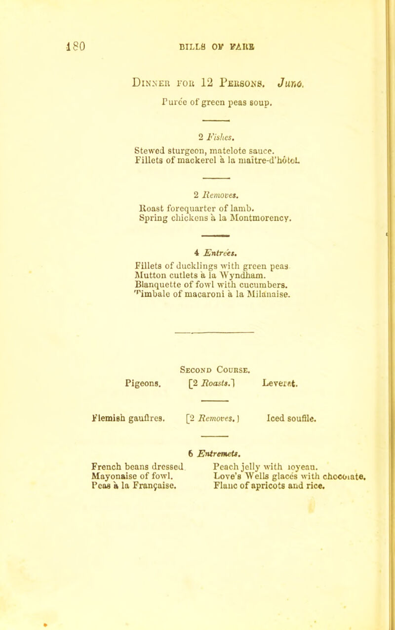 Dinneb fob 12 Pebsoks. Juro, Purc'e of green peas soup. 2 Fishes. Stewed sturgeon, matelote sauce. Fillets of mackerel a la maitre-d’hbtoL 2 Removes. Roast forequarter of lamb. Spring chickens a la Montmorency. 4 Entrees. Fillets of ducklings with green peas Mutton cutlets a la Wyndham. Blanquette of fowl with cucumbers. 'rimbale of macaroni a la Milanaise. Second Course. Pigeons. [2 i?oasts.l Leveret. Flemish gauflres. [2 Removes.) Iced souffle. 6 Entremets. French beans dressed Mayonaise of fowl. Peas a la Franjaise. Peach jelly with loyean. Love’s Wells glaces with chccoiate. Flanc of apricots and rice.