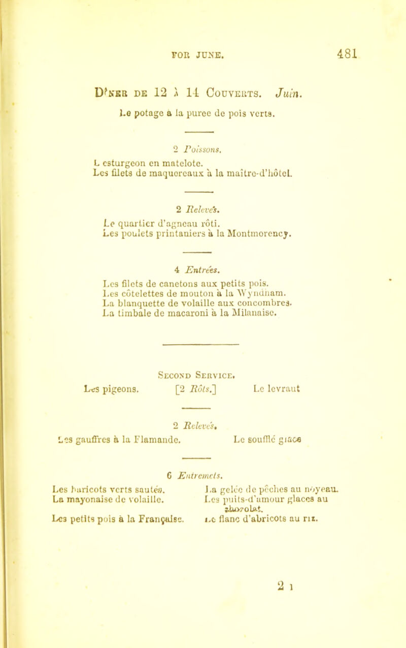 DfNER DE 12 A 14 COUVERTS. Juin. l.o potage a la puree tie pois verts. 2 Poissons. L csturgeon cn matelote. Les filets de maquorcaux a la maitro-d’hotel. 2 Releve's, Le quartier d’agncau roti. Les poulets printauiers a la Montmorency. 4 Entrees. Les filets de canetons aux petits pois. Les cotelettes de mouton a la Wyndham. La blanquette de volaille aux concombres. La timbale de macaroni a la Milnnaisc. Second Service. Les pigeons. [2 Pots.] Le levraut 2 Releve's, Les gauffres a la Flamande. Le souffle giaco 6 Entremets. Les haricots verts sauteo. La gelec de peehes au noyeau. La mayonaise de volaille. Les puits-d'umour glaccs au Les petits pois a la Franjalse. i.c flanc d’abricots au ru. 9 1