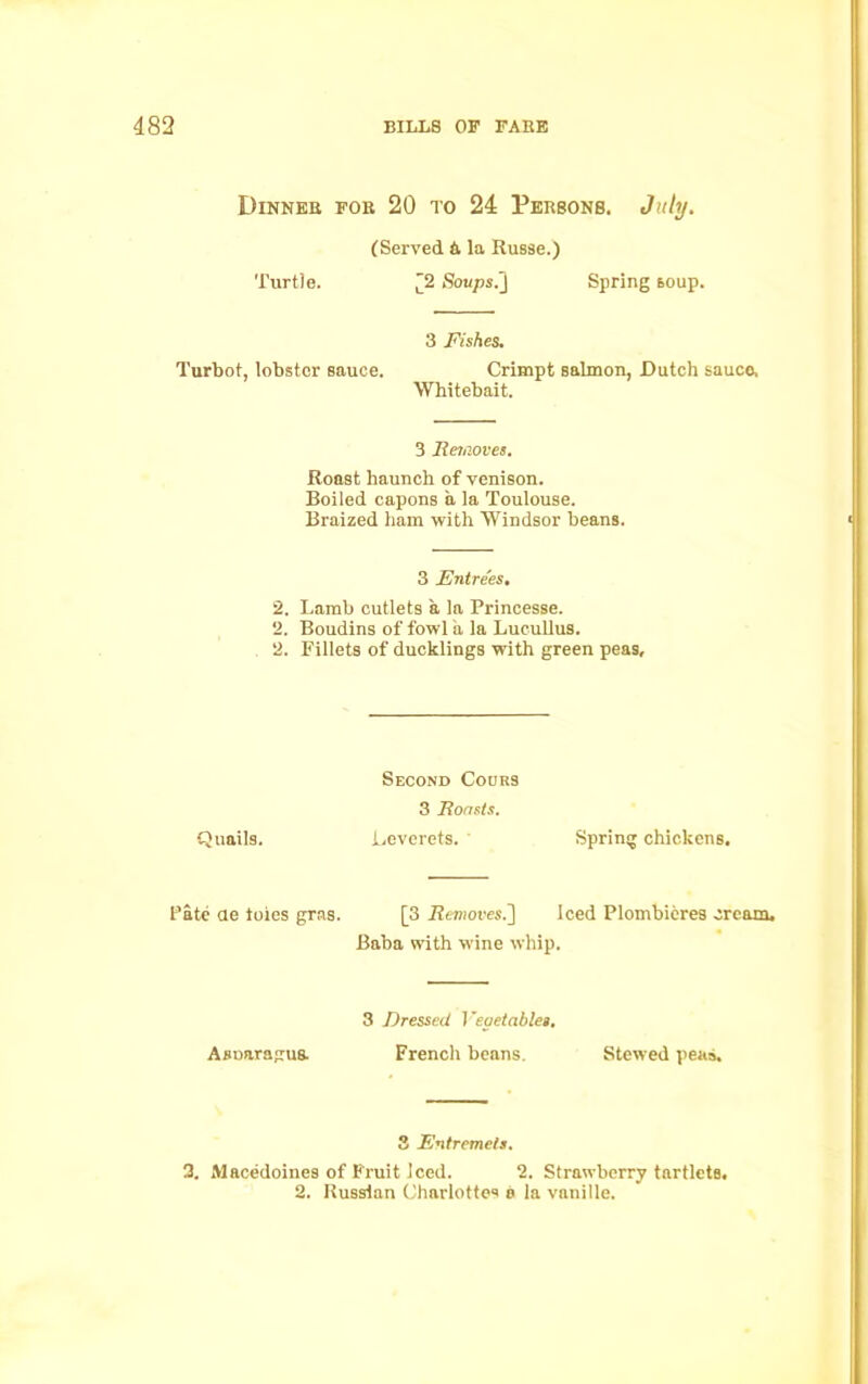 Dinner fob 20 to 24 Persons. July Turtle. (Served A la Russe.) [2 Soups.] Spring soup. 3 Eishes. Turbot, lobster sauce. Crimpt salmon, Dutch sauco. Whitebait. 3 Removes. jRoast haunch of venison. Boiled capons a la Toulouse. Braized ham with Windsor beans. 3 Entrees. 2. Lamb cutlets a la Princesse. 2. Boudins of fowl a la Lucullus. 2. Fillets of ducklings with green peas. Quails. Second Coors 3 Roosts. Leverets. Spring chickens. Pate ae loies gras. [3 Removes.] Iced Plombieres cream. Baba with wine whip. Aauaragus. 3 Dressed ]'epetables. French beans. Stewed peas. 3 Entremets. 3. Macedoines of Fruit Iced. 2. Strawberry tartlets, 2. Russian Charlottes a la vanille.