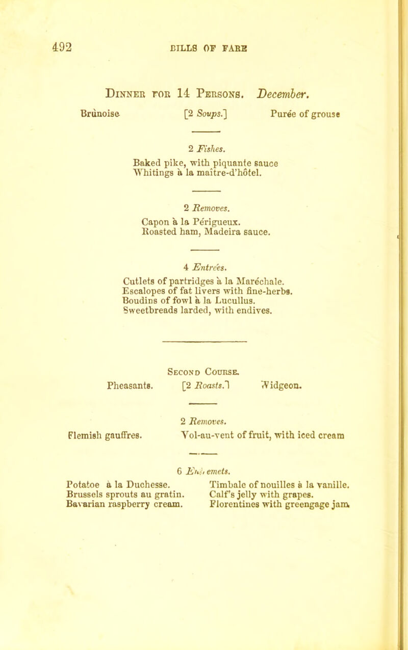 Dinner for 14 Persons. December. Brunoise [2 Soups.'] Puree of grouse 2 Fishes. Baked pike, with piquanfe sauce Whitings a la maitre-d’hotel. 2 Removes. Capon a la Pe'rigueux. Boasted ham, Madeira sauce. 4 Entrees. Cutlets of partridges a la Marechale. Escalopes of fat livers with fine-herbs. Boudins of fowl a la Lucullus. Sweetbreads larded, with endives. Second Course. Pheasants. [2 Roasts.~\ Widgeon. 2 Removes. Flemish gauffres. Yol-au-vent of fruit, with iced cream 6 Ei.-, evicts. Potatoe a la Duchesse. Timbale of nouilles a la vanille. Brussels sprouts au gratia. Calf’s jelly with grapes. Bavarian raspberry cream. Florentines with greengage jam.