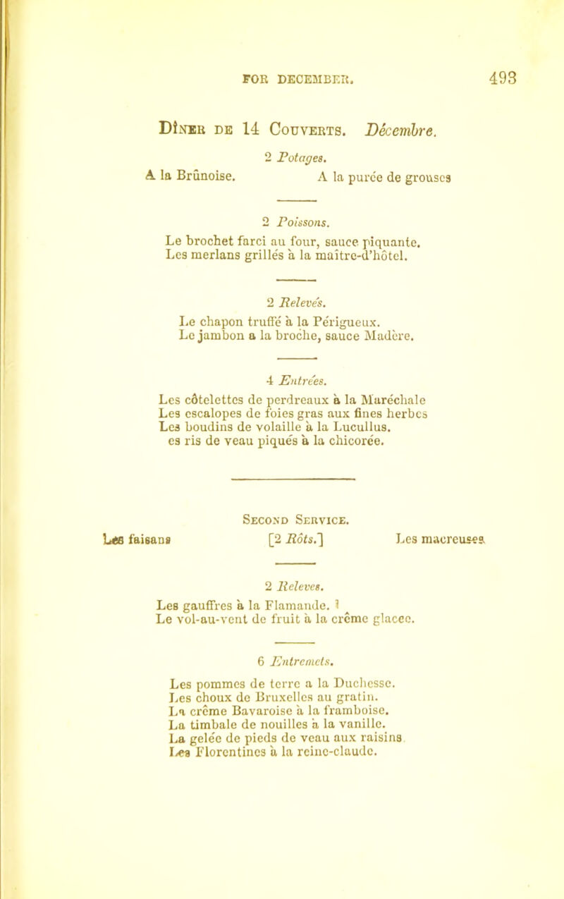 DIneu de 14 Couverts. Decembre. 2 Potages. A la Brunoise. A la puree de grouses 2 Poissons. Le brochet farci au four, sauce piquante, Les merlans grilles a la maitre-d’hotcl. 2 Releves. Le chapon truffe a la Perigueux. Lc jambon a la broclie, sauce Madere. 4 Entrees. Les cdtelettes de perdreaux a la Marecliale Les escalopes de foies gras aux fines herbcs Les boudins de volaille a la Lucullus. es ris de veau pique's a la ciiicoree. Second Service. htE faisans [2 Jiofs.] Les macreuscs. 2 lieleves. Les gauffres a la Flamande. 1 Le vol-au-vent de fruit a la creme glaceo. 6 Entremets. Les pommes de terre a la Duchcsse. Les choux de Bruxelles au gratin. La creme Bavaroisc a la framboise. La timbale de nouilles a la vanille. La gelee de pieds de veau aux raisins Lea Florentines a la rcinc-claudc.