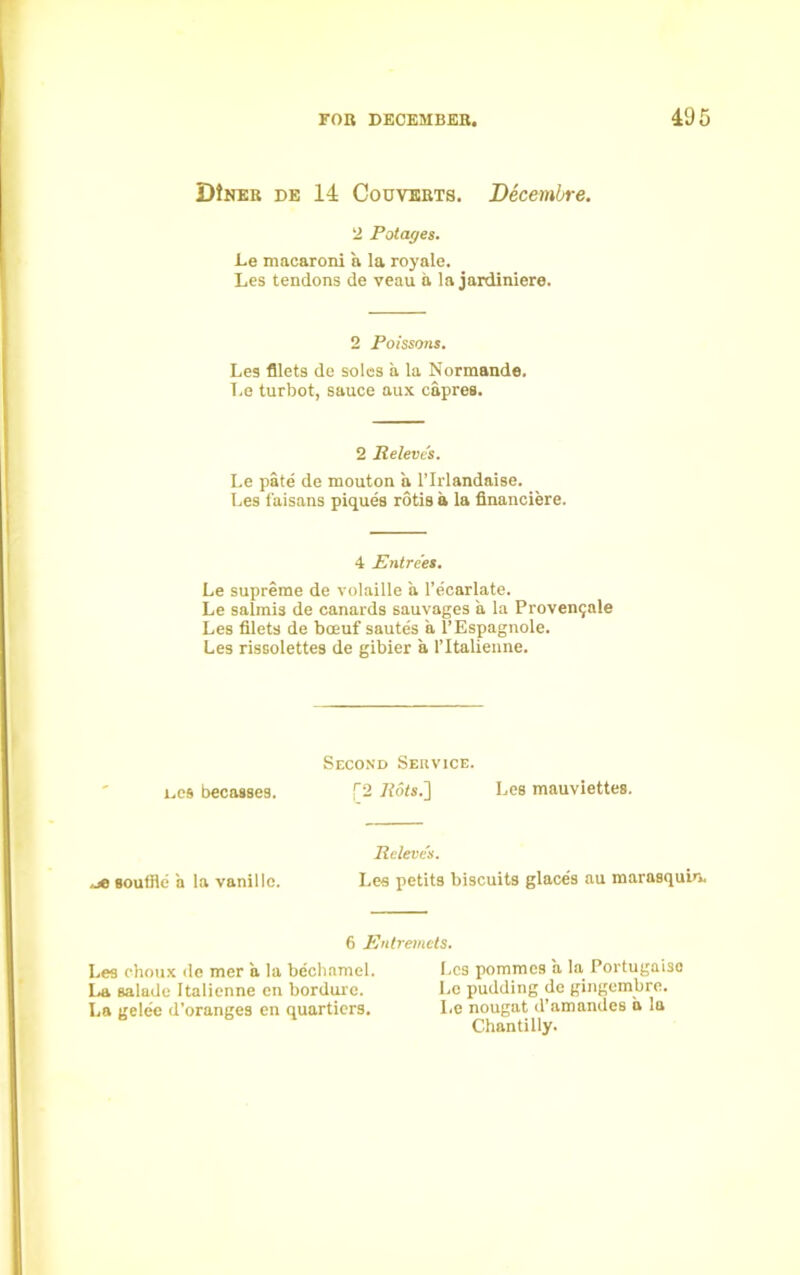 DtNER de 14 Cooverts. Decembre. 2 Potages. Le macaroni a la royale. Les tendons de veau a la jardiniere. 2 Poissons. Les filets de soles a la Normande. T.e turbot, sauce aux capres. 2 Releve's. Le pate de mouton a l’lrlandaise. l.es faisans piques rotis a la financiere. 4 Entrees. Le supreme de volaille a l’ecarlate. Le salmis de canards sauvages a la Provem^ale Les filets de boeuf sautes a l’Espagnole. Les rissolettes de gibier a, l’ltalienne. Second Service. dcs becasses. r2 Rots/} Les mauviettes. ,jO souffle a la vanille. Rcleve's. Les petits biscuits glace's au marasquin. 6 Entremets. Les choux de mer a la bechamel. Les porames a la Portugaiso La salade Italienne en bordure. Le pudding de gingembre. La gelee d’oranges en quartiers, lie nougat d’amandes a la Chantilly.