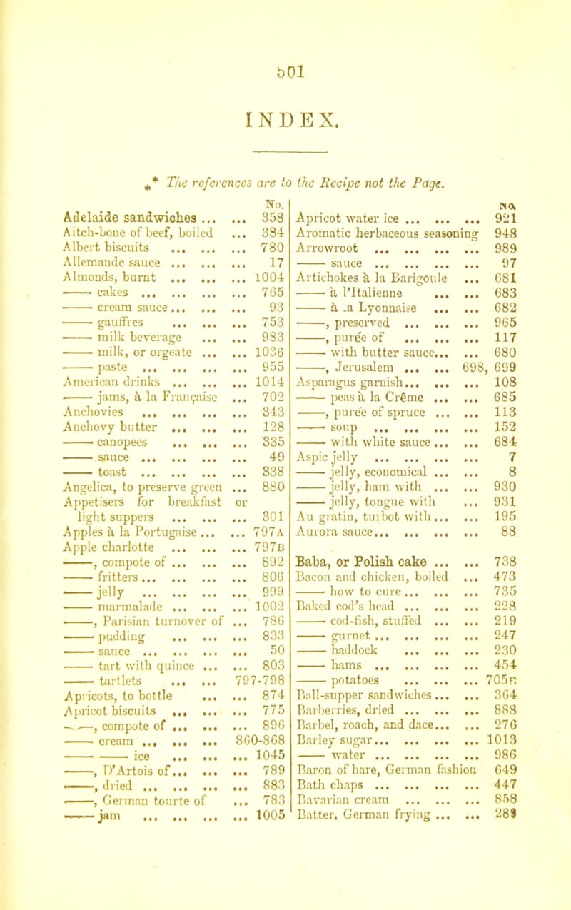 bOl INDEX. The references are to the Bccipe not the Page. Adelaide sandwiches ... Aitch-bone of beef, boiled Albert biscuits Allemande sauce Almonds, burnt cakes ... cream sauce ■ gauffres milk beverage ■ milk, or orgeate • paste American drinks ... ■ jams, A la Framjaise Anchovies Anchovy butter ... canopees ... sauce toast Angelica, to preserve green Appetisers for breakfast light suppers Apples it la Portugaise Apple charlotte , compote of ... fritters — jel>y marmalade ... , Parisian turnover of pudding ... sauce tart with quince tartlets ... Apricots, to bottle Apricot biscuits ... —.—, compote of ... cream ice ... . , D’Artois of... • , dried , German tourte of jam , No. 358 384 780 17 1004 7G5 93 753 983 1036 955 1014 702 343 128 335 49 338 8S0 or 301 797a 797c 892 806 999 1002 786 833 50 803 797-798 874 775 896 860-868 1045 789 883 783 1005 Apricot water ice Aromatic herbaceous seasoning Arrowroot sauce Artichokes it la Barigoule it PItalienne it .a Lyonnaise .. , preserved , puree of ... .. with butter sauce.. Jerusalem 698 Asparagus garnish... peas it la Crime , puree of spruce soup with white sauce .. Aspic jelly ... ... .. jelly, economical .. jelly, ham with .. jelly, tongue with Au gratin, turbot with .. Aurora sauce Baba, or Polish cake .. Bacon and chicken, boilet how to cure Baked cod’s head ... cod-fish, stuffed gurnet haddock ... • hams potatoes Ball-supper sandwiches.. Barberries, dried Barbel, roach, and dace.. Barley sugar water Baron of hare, German fashi Bath chaps Bavarian cream ... Batter. German frying no. 921 948 989 97 681 683 682 965 117 680 , 699 108 685 113 152 684 7 8 930 931 195 88 738 473 735 228 219 247 230 454 705n 364 888 276 1013 986 649 447 858 28S