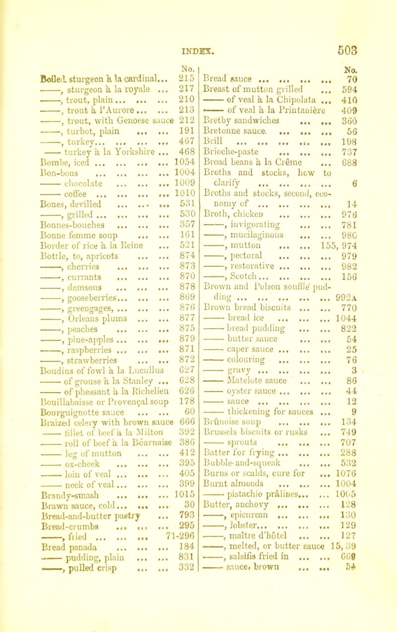 Boiled sturgeon a la cardinal , sturgeon h la royale , trout, plain , trout a l’Aurore .. , trout, with Genoese s, , turbot, plain , turkey turkey a la Yorkshire Bombe, iced ... Bon-bons ... chocolate coffee ... Bones, devilled , grilled ... Bonnes-bouches Bonne femme soup Border of rice a la Reine Bottle, to, apricots , cherries , currants ... .. , damsons , gooseberries , greengages, , Orleans plums .. , peaches , pine-apples ... , raspberries , strawberries Boudins of fowl a la Lucullus of grouse a la Stanley ... of pheasant ii la Richelieu Bouillabaisse or Provencal soup Bourguignotte sauce Braized celery with brown sauce fillet of beef a la Milton roll of beef a la Bearn: ' leg of mutton ox-chcek loin of veal ... neck of veal... Brandy-smash Brawn sauce, cold... Bread-and-butter past/y Bread-crumbs ... , fried Bread panada ... pudding, plain ■-—, pulled crisp No. 215 217 210 213 212 191 467 468 1054 1004 1009 1010 531 530 357 161 521 874 873 870 878 869 876 877 875 879 871 872 627 628 626 178 60 666 392 386 412 395 405 399 1015 30 793 295 71-296 184 831 332 No. Bread sauce 70 Breast of mutton grilled ... 594 of veal h la Chipolata ... 410 of veal a la Printanifere 409 Bretby sandwiches ... ... 366 Bretoune sauce ... 56 Brill ... ,i. ... 198 Brioche-paste ... 737 Broad beans h la Crdme ... 688 Broths and stocks, how to clarify 6 Broths and stocks, second, ceo- nomy of ... 14 Broth, chicken 976 , invigorating ... ... 781 , mucilaginous ... ... 980 , mutton 155, 974 , pectoral ... 979 , restorative ... 982 , Scotch ... 156 Brown and Poison souffle' pud- dhig ... 992a Brown bread biscuits ... ... 770 bread ice ... 1044 bread pudding ... ... 822 butter .sauce ... ... 54 * caper sauce ... 25 colouring ... 76 gravy 3 Matelote sauce ... 86 oyster sauce ... 44 sauce 12 thickening for sauces 9 Brfmoise soup ... 134 Brussels biscuits or rusks ... 749 sprouts ... 707 Batter for frying ... 288 Bubble-and-squeak ... 532 Burns or scalds, cure for ... 1076 Burnt almonds ... 1004 pistachio pralines... ... 1005 Butter, anchovy ... 128 , epicurean ... 130 , lobster ... 129 , maltre d’hotel ... 127 , melted, or butter sauce 15, 39 , salsifis fried in ... ... 669 sauce, brown ... 54