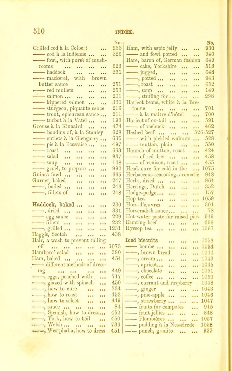 No. Grilled cod a la Colbert 223 cod a la Indienne 226 fowl, with pure'e of mush- rooms 623 —— haddock 231 mackerel, with brown butter sauce 251 • red mullets 253 —— salmon 201 kippered salmon 330 sturgeon, piquante sauce 216 trout, epicurean sauce ... 211 turbot a la Vatel 193 Grouse a la Ivinnaird 474 boudins of, a la Stanley 628 cutlets a la Glengarry ... 635 pie a la Ecossaise 497 roast 663 salad 937 soup 148 gruel, to prepare 992 Guinea fowl 665 Gurnet, baked ... 247 , boiled 246 , fillets of 248 Haddock, baked 230 , dried 331 egg sauce 229 fillets 232 , grilled 1231 Haggis, Scotch 438 Hair, a wash to prevent falling off 1073 Hamboro’ salad ... 380 Ham, baked 454 ■ different methods of dress- mg 449 , eggs, poached with ... 717 , glazed with spinach ... 450 , how to cure 734 • , how to roast 453 , how to select 449 , sauce 84 , Spanish, how to dress... 452 • , York, how to boil ... 450 , Welsh 736 ———, Westphalia, how to dross 451 Ham, with aspic jelly No, 930 and fowl potted 940 Hare, baron of, German fashion 649 cake, Yorkshire 513 jugged, 648 , potted 943 , roast 652 , soup 149 , stuffing for 293 Haricot beans, white a la Bre- ton ne 701 a la maitre d’hotel 700 Haricot of ox-tail 591 of roebuck 462 Hashed beef 526-527 with pickled walnuts ... 528 mutton, plain 550 Haunch of mutton, roast 424 of red deer 458 of venison, roast 455 Head, cure for cold in the ... 1075 Herbaceous seasoning, aromatic 948 Herbs, dried 964 Herrings, Dutch 352 Hodge-podge 157 Hop tea 1059 Hors-d’ceuvres 301 Horseradish sauce 78 Hot-water paste for raised pies 949 Hunting beef ... 396 Hyssop tea 1067 Iced biscuits 1053 bombe 1054 • , brown bread 1044 , cream 1043 , apricot 1045 , chocolate 1051 , coffee 1050 ■, currant and raspberry 1048 , gmger 1043 , pine-apple 1046 , strawberry 1047 fruits for compotes ... 915 fruit jellies S48 riombitsres 1057 pudding ii la Nesselrode 1058 —— punch, grauito 927