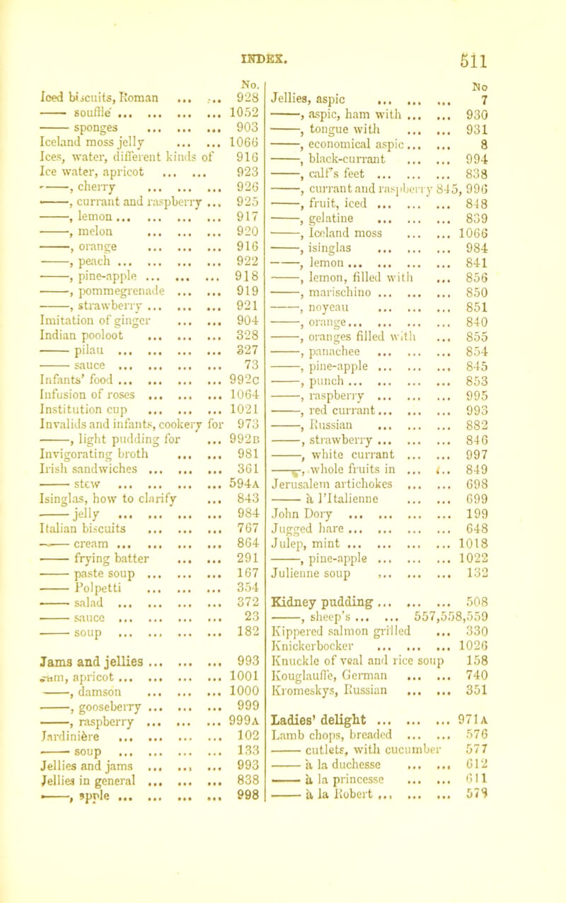Iced biscuits,Roman ... No. No .... 928 Jellies, aspic ... 7 souffle ... 1052 , aspic, ham with ... 930 sponges ... 903 , tongue with ... 931 Iceland moss jelly ... ... 1066 , economical aspic... 8 Ices, water, different kinds of 916 , black-currant ... 994 Ice water, apricot 923 , calf’s feet ... ... 838 , cherry ... 926 , currant and rasj berry 845, 996 , currant and raspberry ... 925 , fruit, iced ... , gelatine ... ... 848 , lemon ... 917 ... 839 , melon ... 920 , Iceland moss ... 1066 , orange ... 916 , isinglas ... 984 , peach ... 922 , lemon ... 841 , pine-apple ... 918 , lemon, filled with ... 856 , pommegrenade ... ... 919 , marischino ... ... 850 , strawberry ... 921 , noycau ... 851 Imitation of ginger ... ... 904 , orange ... 840 Indian pooloot ... 328 , oranges filled w til ... 855 pilaa ... 327 -——, panachee ... ... 854 sauce ... 73 , pine-apple ... ... 845 Infants’ food ... 992c , punch ... 853 Infusion of roses ... 1064 , raspberry ... ... 995 Institution cup ... 1021 , red currant... ... 993 Invalids and infants, cookery for 973 , Russian ... 882 ■, light pudding for ... 992b , strawberry ... ... 846 Invigorating broth ... ... 981 , white currant ... 997 Irish sandwiches ... 361 5-, whole fruits in <.. 849 stew ... 594a Jerusalem artichokes ... 698 Isinglas, how to clarify ... 843 a 1’Italienue ... 699 — My ... 984 John Dory ... 199 Italian biscuits ... 767 Jugged hare ... 648 —— cream ... 864 Julep, mint ... 1018 • frying batter ... ... 291 , pine-apple ... ... 1022 paste soup ... 167 Julienne soup ... ... 132 Polpetti ... 354 salad ... 372 Kidney pudding... , sheep’s ,,, ... 508 sauce ... 23 557,558,559 soup ... 182 Kippered salmon grilled ... 330 Knickerbocker • . • ... 1026 Jams and jellies ... 993 Knuckle of veal and rice soup 158 ittm, apricot ... 1001 Kouglaufl'e, German ... ... 740 , damson ... 1000 Kromeskys, Russian ... ... 351 , gooseberry ... 999 Ladies’ delight ... ... 971A , raspberry ... 999a ... Jardiniere ... 102 Lamb chops, breaded ... ... 576 soup ... 133 cutlets, with cucumber 577 Jellies and jams ... 993 a. la duchesse ... ... 612 Jellies in general ... 838 —— a la princesse ... ... 611 • , spple ... 998 b la Robert ... ... ... 573