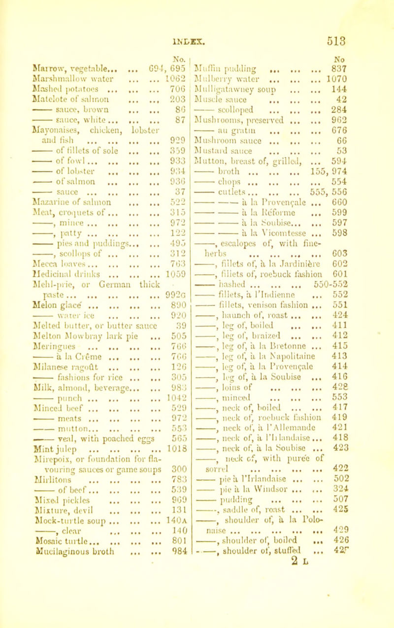 Mai row, vegetable... .. 694 No. i , 695 ' Marshmallow water 1062 Mashed potatoes ... 706 Matelote of salmon 203 sauce, brown • • • • • 86 sauce, white ... . • ... 87 Mayonaises, chicken, and fish lobster 929 of fillets of sole 359 of fowl 933 of lobster ... 934 ■ of salmon ... • • . . • 936 sauce 37 Mazarine of salmon 522 Meat, croquets of... , . ... 315 , mince • • ... 972 , patty 122 pies and puddings. 495 , scollops of ... 312 Mecca loaves 763 Medicinal drinks ... • . ... 1059 Mehl-prie, or German paste thick 992g Melon glace' . • ... 890 water ice 920 Melted butter, or butter sauce 39 Melton Mowbray lark pie ... 505 Meringues 766 ■ a la CrC-me 706 Milanese ragoflt 126 fashions for rice ... ... 305 Milk, almond, beverage 983 punch 1042 Minced beef 529 meats 972 mutton 553 — veal, with poached eggs 565 Mint julep 1018 Mirepoix, or foundation forfla- vouring sauces or game soups 300 Mirlitons 7S3 of beef 539 Mixed pickles 969 Mixture, devil 131 Mock-turtle soup 140a , clear 140 Mosaic turtle 801 Mucilaginous broth 984 No MulHn pudding ... 837 Mulberry water ... 1070 Mulligatawney soup ... 144 Muscle sauce ... 42 scolloped ... 284 Musblooms, preserved ... ... 902 au gratia ... 676 Mushroom sauce ... 66 Mustard sauce ... 53 Mutton, breast of, grilled, ... 594 broth 155, 974 chops ... 554 cutlets 555, 556 ii la Provcnfalc ... 660 a la Ileformo ... 599 a la Soubise... ... 597 a la Vicomtcsse ... 598 , escalopes of, with fine- herbs , ... 603 , fillets of, a la Jardiniere 602 , fillets of, roebuck fashion 601 hashed 550-552 fillets, a l’lridienne ... 552 fillets, venison fashion ... 551 , haunch of, roast 424 , leg of, boiled 411 , leg of, braized 412 , leg of, a la Bretonne ... 415 , leg of, a la Napolitaine 413 , leg of, a la I’rovetnjalc 414 , leg of, a la Soubise ... 416 , loins of 42fi , minced 553 , neck of, boiled 417 , neck of, roebuck fashion 419 , neck of, ii I'Allemande 421 , neck of, ii I'll landaise ... 418 , neck of, a la Soubise ... 423 , neck of, with puree of sorrel 422 pie ii l’lrlandaise 502 pie ii la Windsor 324 pudding 507 , saddle of, roast 425 , shoulder of, a la Polo- naise 429 , shoulder of, boiled ... 426 , shoulder of, stuffed ... 42T 2 L
