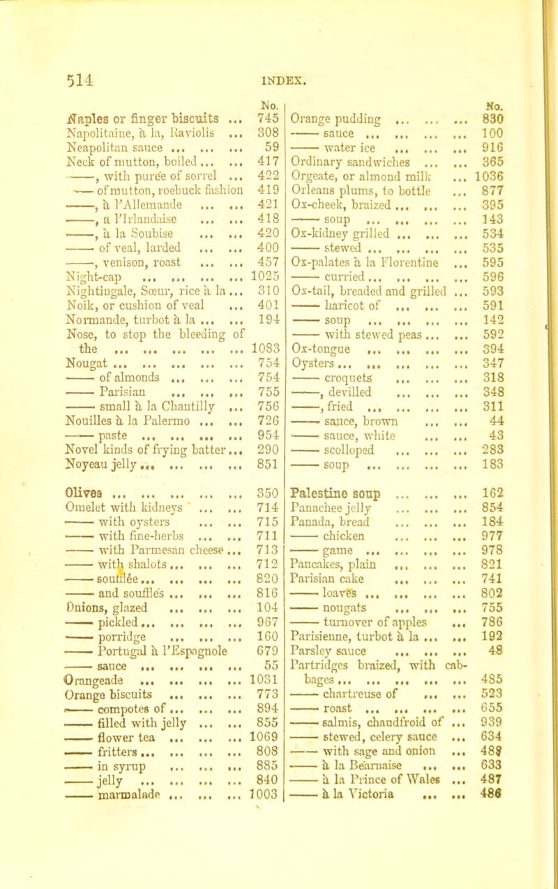 Naples or finger biscuits ... Ho. 745 Napolitaiue, a la, Raviolis ... 308 Neapolitan sauce ... 59 Neck of mutton, boiled 417 , with purde of sorrel ... 422 of mutton, roebuck fashion 419 , h l’Allemande 421 ■ , a l’liiandaise 418 , it la Soubise 420 of veal, larded 400 •, venison, roast 457 Night-cap 1025 Nightingale, Seem-, rice it la... 310 Noik, or cushion of veal ... 401 Normande, turbot it la 194 Nose, to stop the bleeding of the 1083 Nougat 754 of almonds 754 Parisian 755 —— small it la Chantilly ... 756 Nouilles it la Palermo 726 paste 954 Novel kinds of frying batter... 290 Noyeau jelly 851 Olives 350 Omelet with kidneys 714 • with oysters 715 with fine-herbs 711 with Parmesan cheese ... 713 wit.li shalots 712 Eoufflde 820 and souffles 816 Onions, glazed 104 pickled 967 porridge 160 Portugal it l’Espagnole 679 sauce ... 55 Orangeade ... 1031 Orange biscuits 773 —— compotes of 894 filled with jelly 855 flower tea 1069 ■ fritters 808 — in syrup 885 jelly 840 marmalade ... 1003 Orange pudding ... No. 830 sauce 100 water ice 916 Ordinary sandwiches ... ... 365 Orgeate, or almond milk 1036 Orleans plums, to bottle 877 Os-cheek, braized 395 soup 143 Os-kidney grilled 534 stewed 535 Ox-palates a la Florentine ... 595 curried... ... 596 Os-tail, breaded and grilled ... 593 haricot of 591 soup 142 with stewed peas 592 Os-tongue 394 Oysters 347 • croquets ... ... ... 318 , devilled 348 , fried 311 sauce, brown 44 sauce, white scolloped 43 283 soup 183 Palestine soup 162 Panachee jelly 854 Panada, bread 184 chicken 977 game 978 Pancakes, plain 821 Parisian cake 741 loavtfs 802 nougats 755 turnover of apples 7S6 Parisienne, turbot h la 192 Parsley sauce 48 Partridges braized, with cab- bages ... 485 chartreuse of 523 roast 655 salmis, cliaudfroid of ... 939 stewed, celery sauce ... 634 with sage and onion ... 48? h la Beamaise 633 h la Prince of Wales ... 487 h la Victoria 486