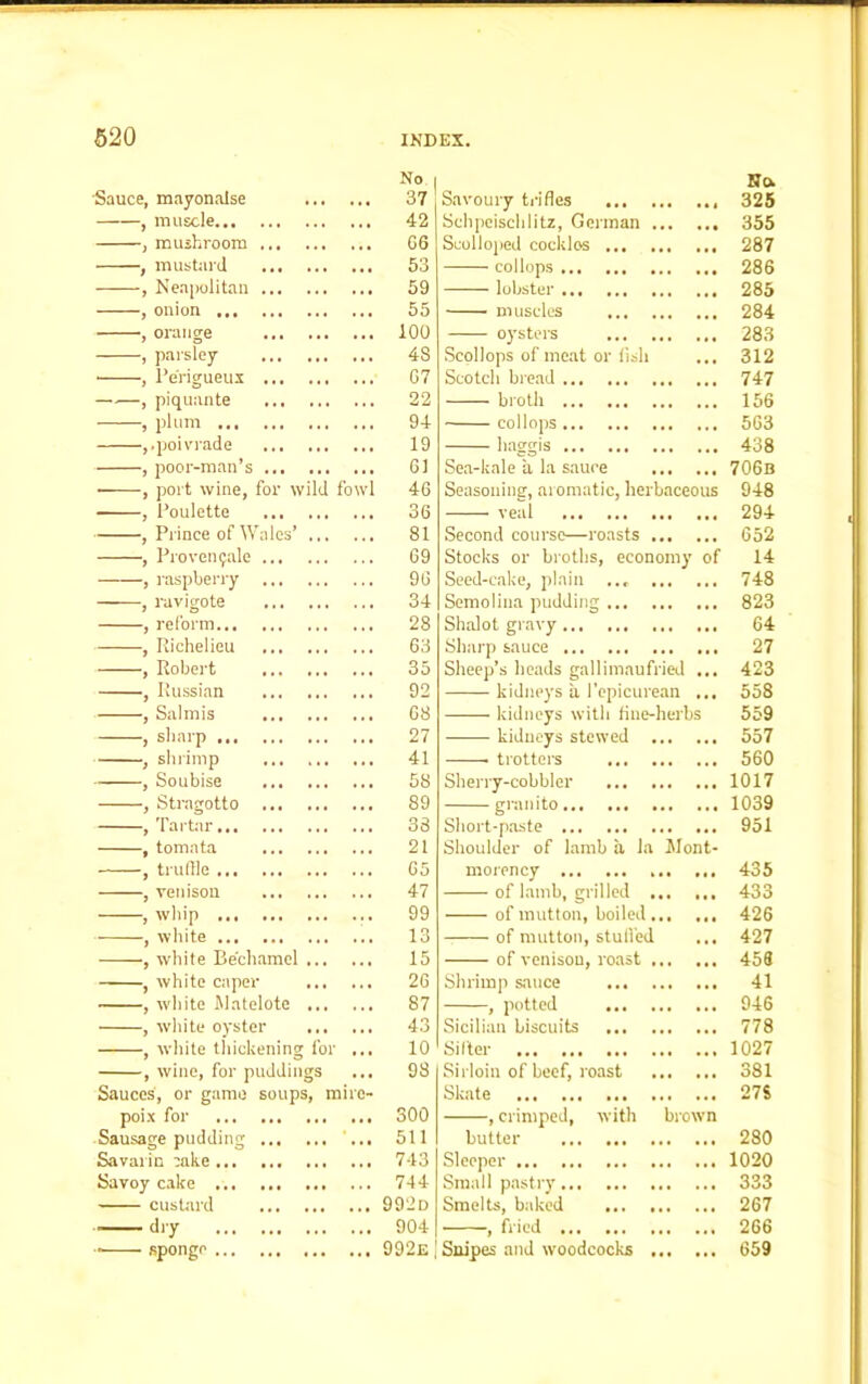 Sauce, mayonalse , muscle , mushroom , mustard , Neapolitan , onion , orange , parsley • , Pe'rigueux , piquante , plum ,.poivrade , poor-man’s , port wine, for wild fowl , Poulette , Prince of Wales’ , Provenfale , raspberry , ravigote , reform , Richelieu , Robert , Russian , Salmis , sharp , shrimp , Soubise , Stragotto , Tartar , tomnta , truffle , venison , whip , white , white Bechamel , white caper , white Matelote , white oyster , white thickening for ... , wine, for puddings ... Sauces, or game soups, mire- poix for -Sausage pudding '... Savarin cake... ... ... ... Savoy cake custard dry sponge Ho. Savoury trifles ... . 325 Schpeischlitz, German . • * * • 355 Scolloped cocklos ... 287 collops • ... 286 lobster . ... 285 muscles . ... 284 oysters • ... 283 Scollops of meat or fish ... 312 Scotch bread • ... 747 broth 156 collops... ... • • ... 563 haggis 438 Sea-kale a la sauce . ... 706b Seasoning, aromatic, herbaceous 948 veal . ... 294 Second course—roasts . . ... 652 Stocks or broths, economy of 14 Seed-cake, plain ... . • ... 748 Semolina pudding ... • ... 823 Shalot gravy 64 Sharp sauce . . ... 27 Sheep’s heads gallimaufried ... kidneys a I’epicurean ... 423 558 kidneys with tine-herbs 559 kidneys stewed . . ... 557 trotters . . ... 560 Sherry-cobbler ... . . ... 1017 granito . • ... 1039 Short-paste Shoulder of lamb a la Wont- 951 morency ... • ... 435 of lamb, grilled . . ... 433 of mutton, boiled. . ... 426 of mutton, stulfed ... 427 of venison, roast . . ... 456 Shrimp sauce ... 41 , potted ... . Sicilian biscuits ... . ... 946 • ... 778 Sifter . ... 1027 Sirloin of beef, roast . ... 381 Skate , crimped, with brown 27S butter . ... 280 Sleeper . ... 1020 Small pastry . ... 333 Smelts, baked . ... 267 , fried . ... 266 Snipes and woodcocks , • ... 659 No 37 42 G6 53 59 55 100 48 G7 22 94 19 61 46 36 81 69 96 34 28 63 35 92 G8 27 41 58 89 33 21 65 47 99 13 15 26 87 43 10 98 300 511 743 744 992d 904 992e