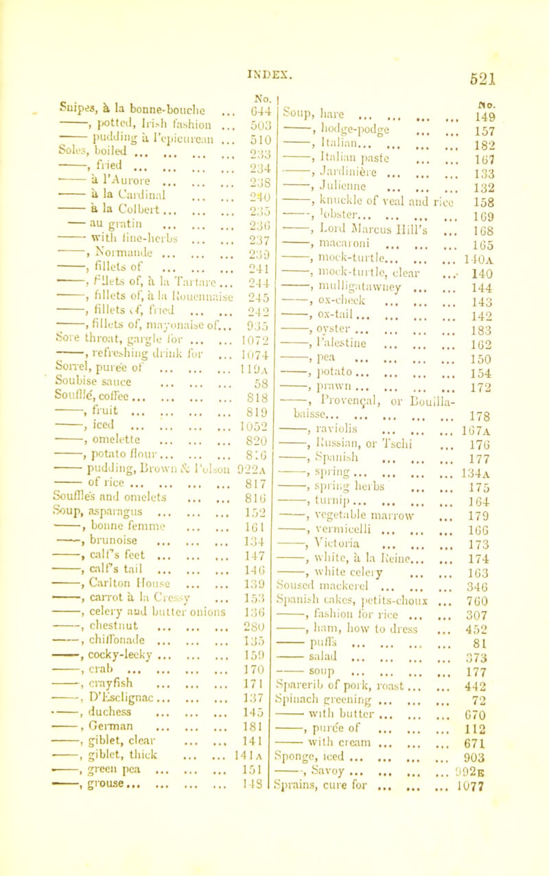 Snipes, k la bonne-bouelie , potted, Irish fashion ~ pudding a 1’epicurcan Soles, boiled , fried • a l’Aurore a la Cardinal a la Colbert — au gratin with line-herbs - > Normande , fillets of ■ 1 fillets of, a la Tartare , fillets of, a la Rouenna , fillets kf, fried , fillets of, mayonaise of Sore throat, gargle for ... , refreshing drink for Son-el, puree of Soubise sauce Souffle, coifec , fruit , iced , omelette , potato flour pudding, Brown & Pols of rice Souffle's and omelets Soup, asparagus , bonne femme , brunoise , calf’s feet , calf’s tail , Carlton House , carrot a la Cressy , celery and butter onioi , chestnut , chilTonade , cocky-leeky , crab -, crayfish , D’Esclignac , duchess , German , giblet, clear , giblet, thick ——, green pea , grouse No. . G44 . 503 . 510 . 233 , 234 , 23S , 240 , 235 , 230 237 230 241 244 245 242 035 1072 1074 110a 58 S18 810 1052 820 816 022a 817 816 152 1G1 134 147 140 139 153 136 280 135 150 170 171 137 145 181 141 141a 151 14S 1 Soup, hare ... no. . 149 , hodge-podge . 157 , Italian 182 , Italian paste . 167 , Jardiniere . 133 , Julienne 132 , knuckle of veal and rice 158 , lobster 169 , Lord Marcus Hill’s 168 , macaroni 165 , mock-turtle... 140 a , mock-turtle, clear ■ 140 , mulligatawney 144 , ox-cheek 143 , ox-tail 142 , oyster ... 183 , Palestine 162 . pea 150 , potato 154 , prawn , Provencal, or Bouilla- 172 baissc 178 , raviolis 167a , Russian, or Tschi , Spanish 176 177 , spring 134 a , spring herbs 175 , turnip 164 , vegetable marrow 179 , vermicelli ... 166 , Victoria 173 , white, h la Reine... ... 174 , white celery 163 Soused mackerel 346 Spanish takes, pctits-choux ... 760 , fashion for rice 307 , ham, how to dress 452 pud’s 81 salad 373 soup 177 Sparerib of pork, roast 442 Spinach greening 72 with butter ... 670 , puree of 112 with cream ... 671 Sponge, iced 903 , Savoy 992 k Sprains, cure for ... 1077