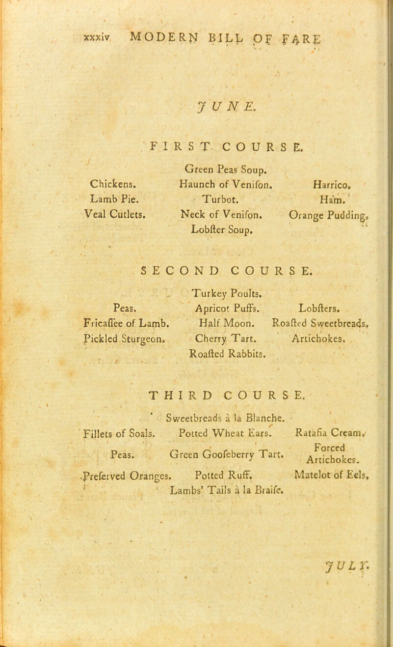 JUNE. i ' • • FIRST COURSE. Green Peas Soup. Chickens. Haunch of Venifon. Harrico. Lamb Pie. Turbot. Ham. Veal Cutlets. Neck of Venifon. Orange Puddings Lobfter Soup. SECOND COURSE. Turkey Poults. Peas. Apricot Puffs. Lobfters. Fricaffee of Lamb. Half Moon. Roaffed Sweetbreads. Pickled Sturgeon. Cherry Tart. Artichokes. Roaffed Rabbits. THIRD COURSE. Sweetbreads a la Blanche. /• Fillets of Soals. Potted Wheat Ears. i . ■ ,j. . , # Peas. Green Goofeberry Tart. Treferved Oranges. Potted Ruff. Lambs’ Tails a la Braife. Ratafia Cream. Forced Artichokes. Matelot of Eels, JUL r.