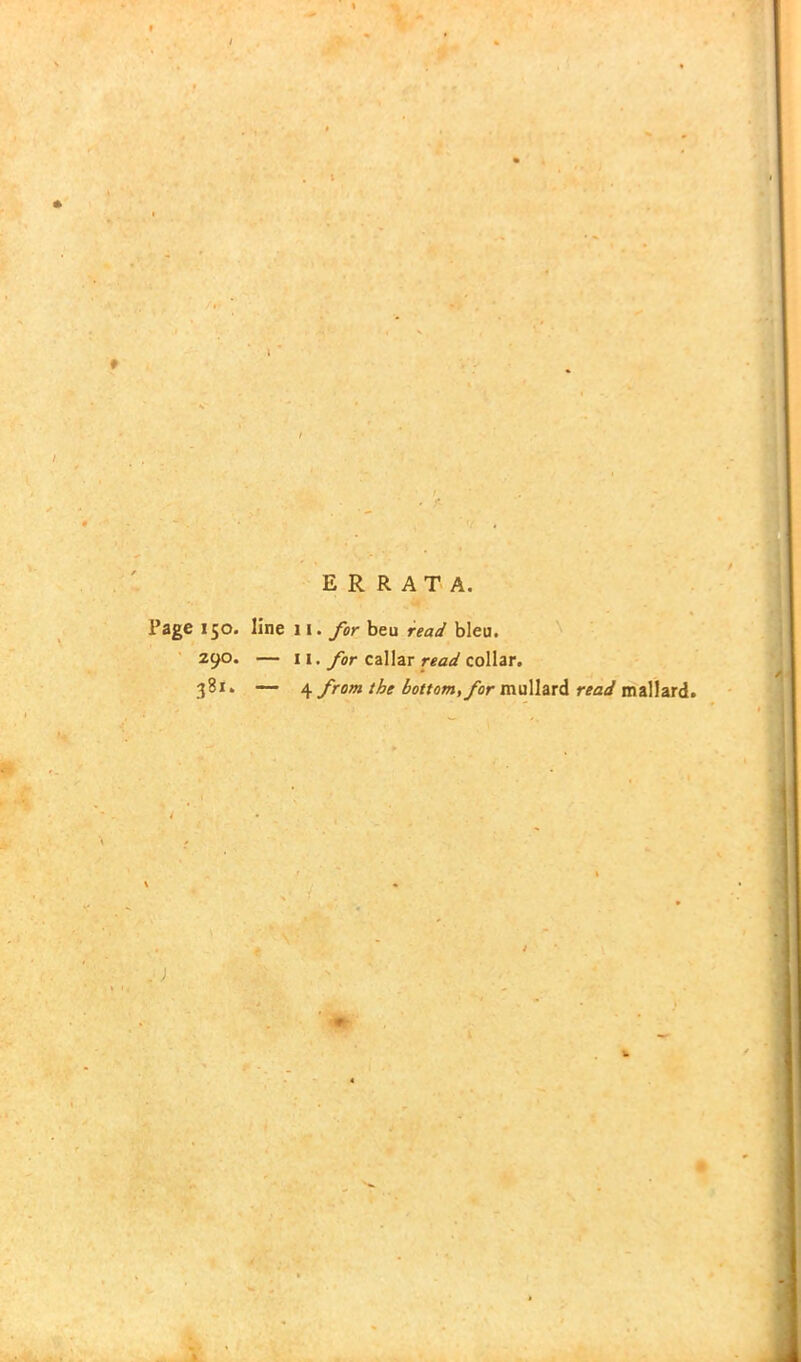 ERRATA. Page 150. line 11. for beu read bleu. 290. — 11. for callar read collar. 381. — 4 from the bottom, for mullard read mallard