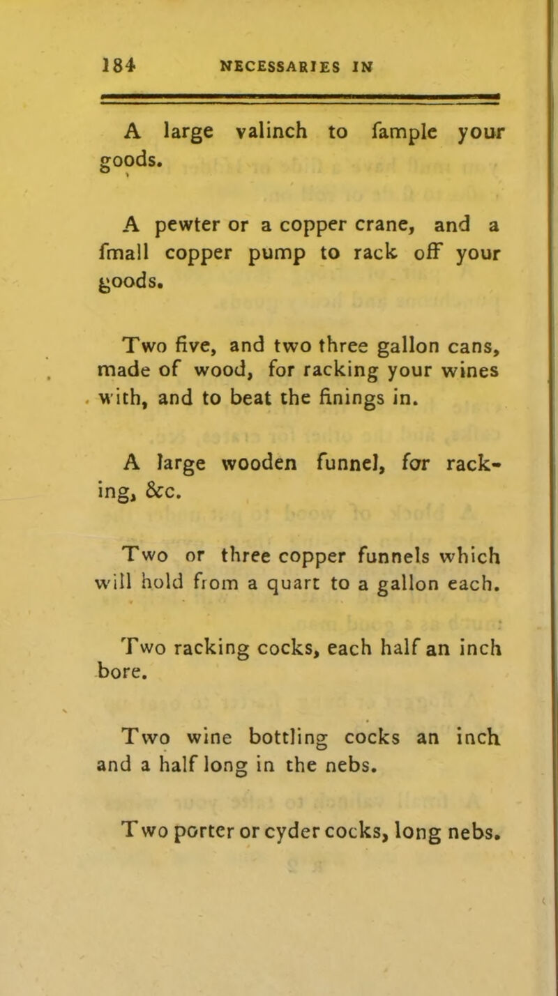 A large valinch to fample your goods. A pewter or a copper crane, and a fmall copper pump to rack off your goods. Two five, and two three gallon cans, made of wood, for racking your wines . with, and to beat the finings in. A large wooden funnel, for rack- ing, 8cc. Two or three copper funnels which will hold from a quart to a gallon each. Two racking cocks, each half an inch bore. Two wine bottling cocks an inch and a half long in the nebs. T wo porter or cyder cocks, long nebs.