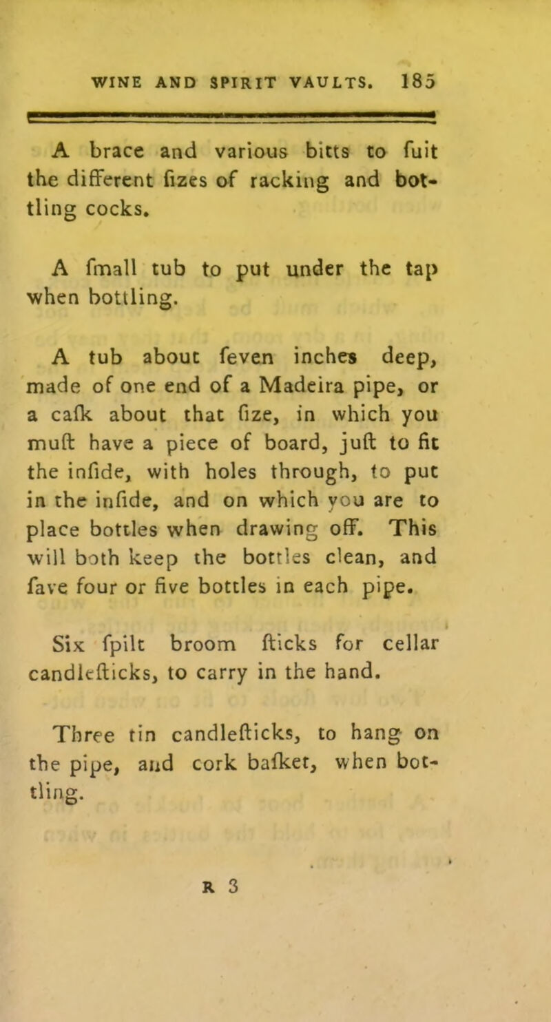A brace and various bicts to fuit the different fizes of racking and bot- tling cocks. A fmall tub to put under the tap when bottling. A tub about feven inches deep, made of one end of a Madeira pipe, or a calk about that fize, in which you muft have a piece of board, juft to fit the infide, with holes through, to put in the infide, and on which you are to place bottles when drawing off. This will both keep the bottles clean, and fave four or five bottles in each pipe. Six fpilt broom fticks for cellar candlefticks, to carry in the hand. Three tin candlefticks, to hang on the pipe, and cork bafket, when bot- tling.
